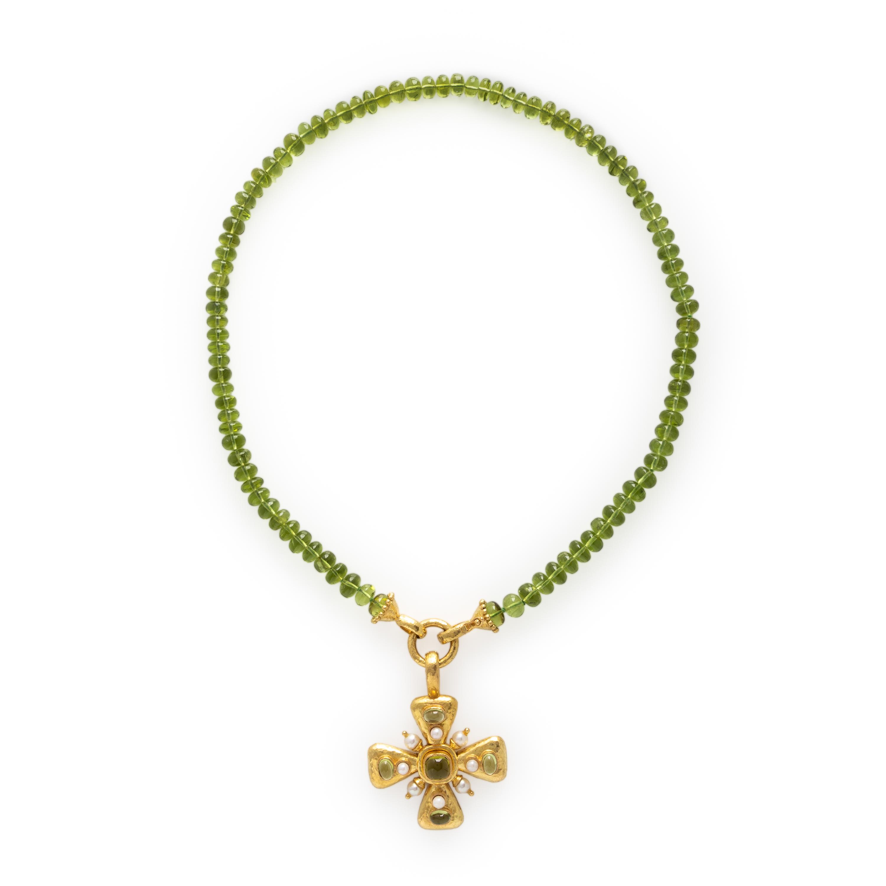 Elizabeth Locke, Peridot, Cultured Pearl, and Yellow Gold Maltese Cross Pendant Necklace