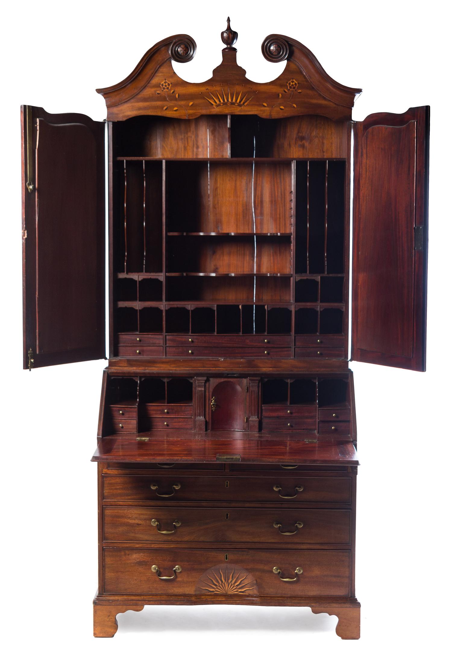 A George III Mahogany, Oak and Marquetry Secretary Bookcase Height 99 1/2 x width 40 1/2 x depth 22 inches. — LATE 18TH CENTURY
