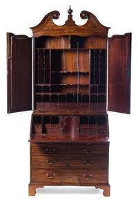 A George III Mahogany, Oak and Marquetry Secretary Bookcase Height 99 1/2 x width 40 1/2 x depth 22 inches. — LATE 18TH CENTURY