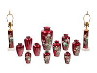 12 Japanese Red Ground Cloisonné Enamel and Embossed Foil 'Ginbari' Articles