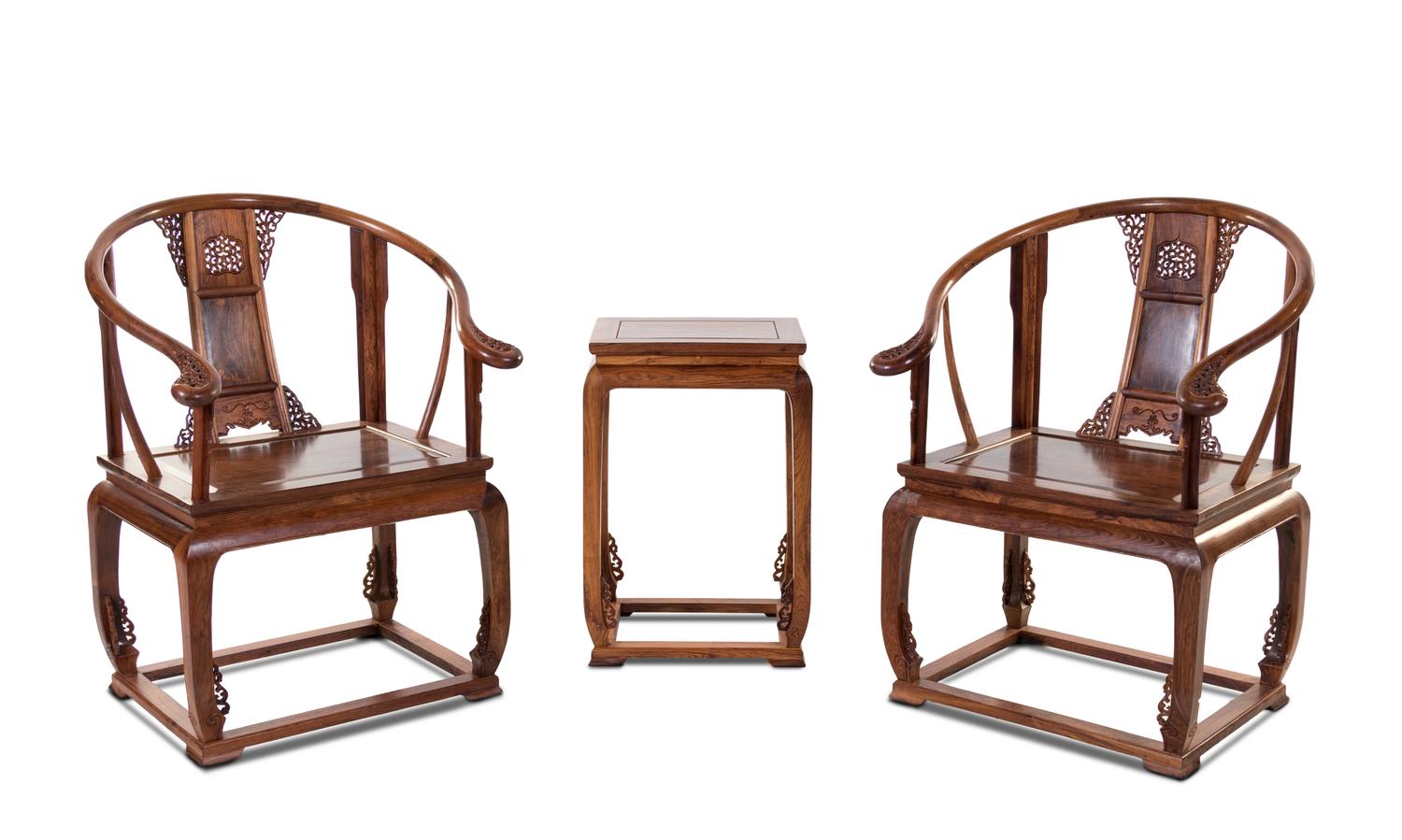 A Set of Two Huanghuali Armchairs and One Side Table