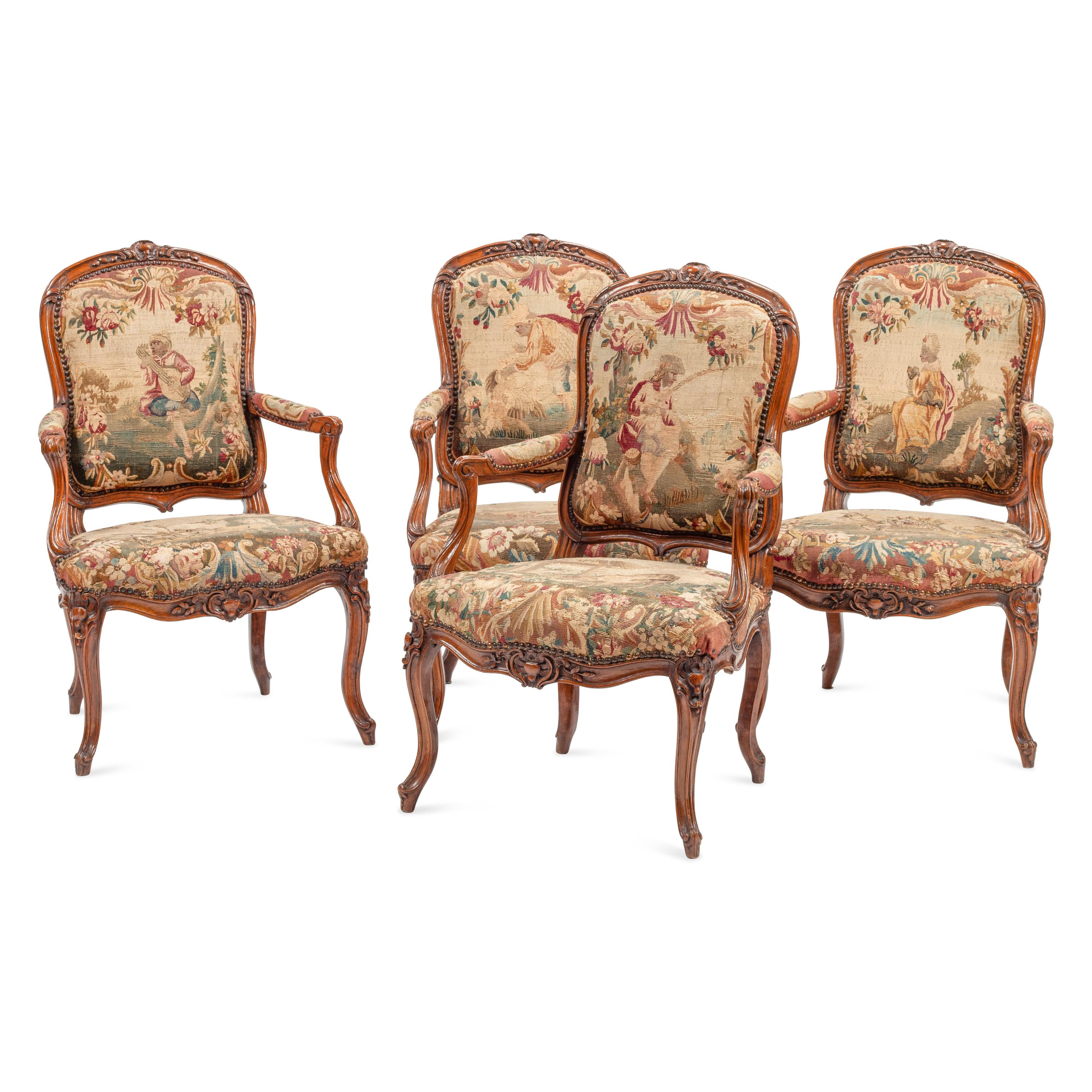 A Set of Four Louis XV Tapestry-Upholstered Armchairs