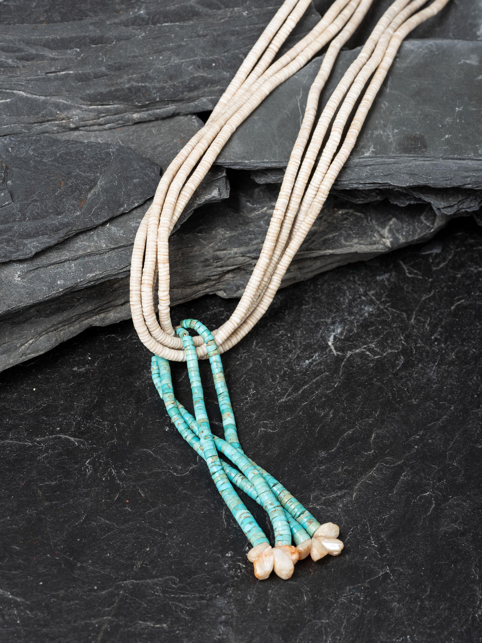 Pueblo Multi-strand Heishi Necklace, with Rolled Turquoise Joclas, Collected by Hoffman Birney (1891-1958)