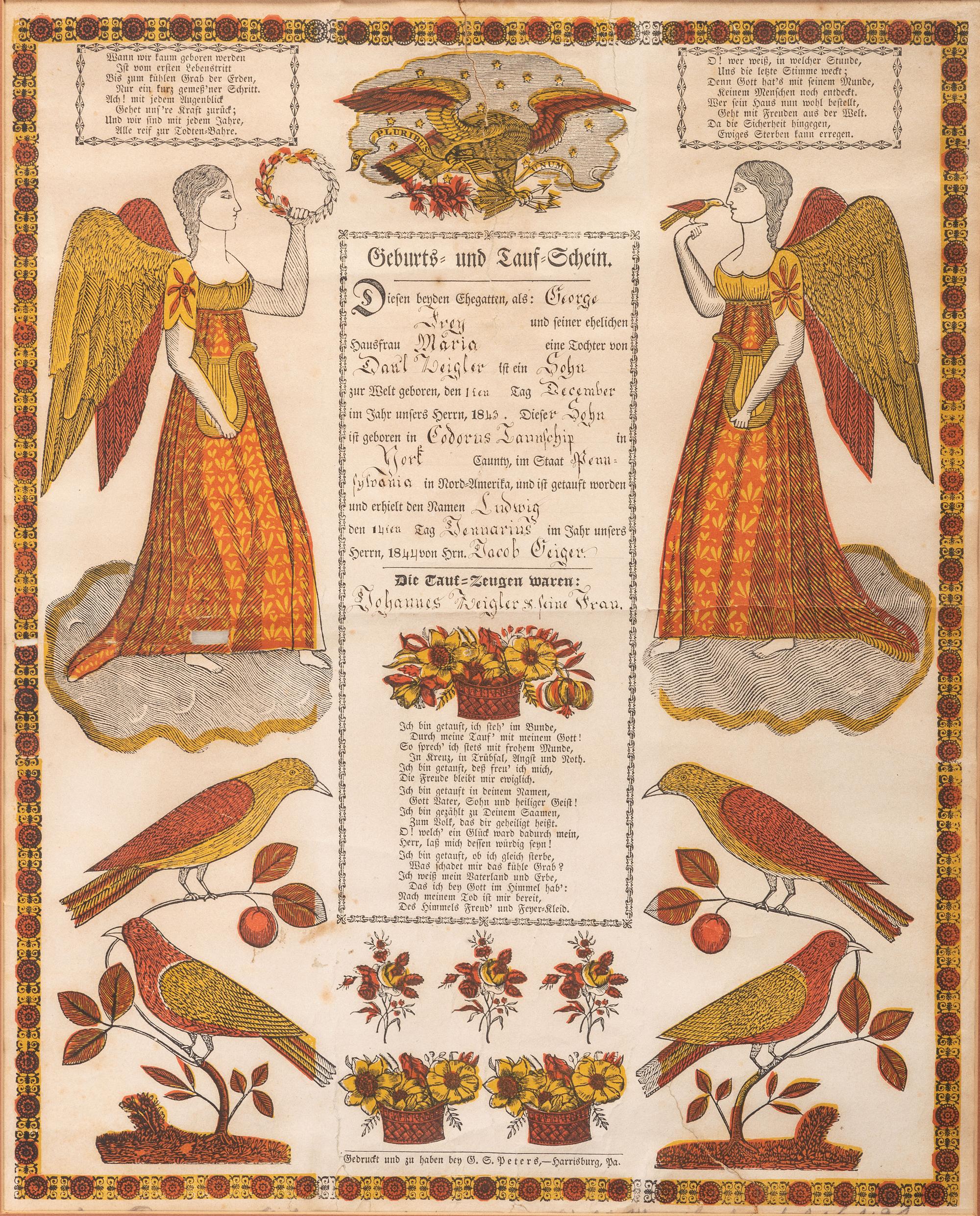 A Partially Printed and Watercolor Decorated Birth and Baptism Fractur Identified to George Frey