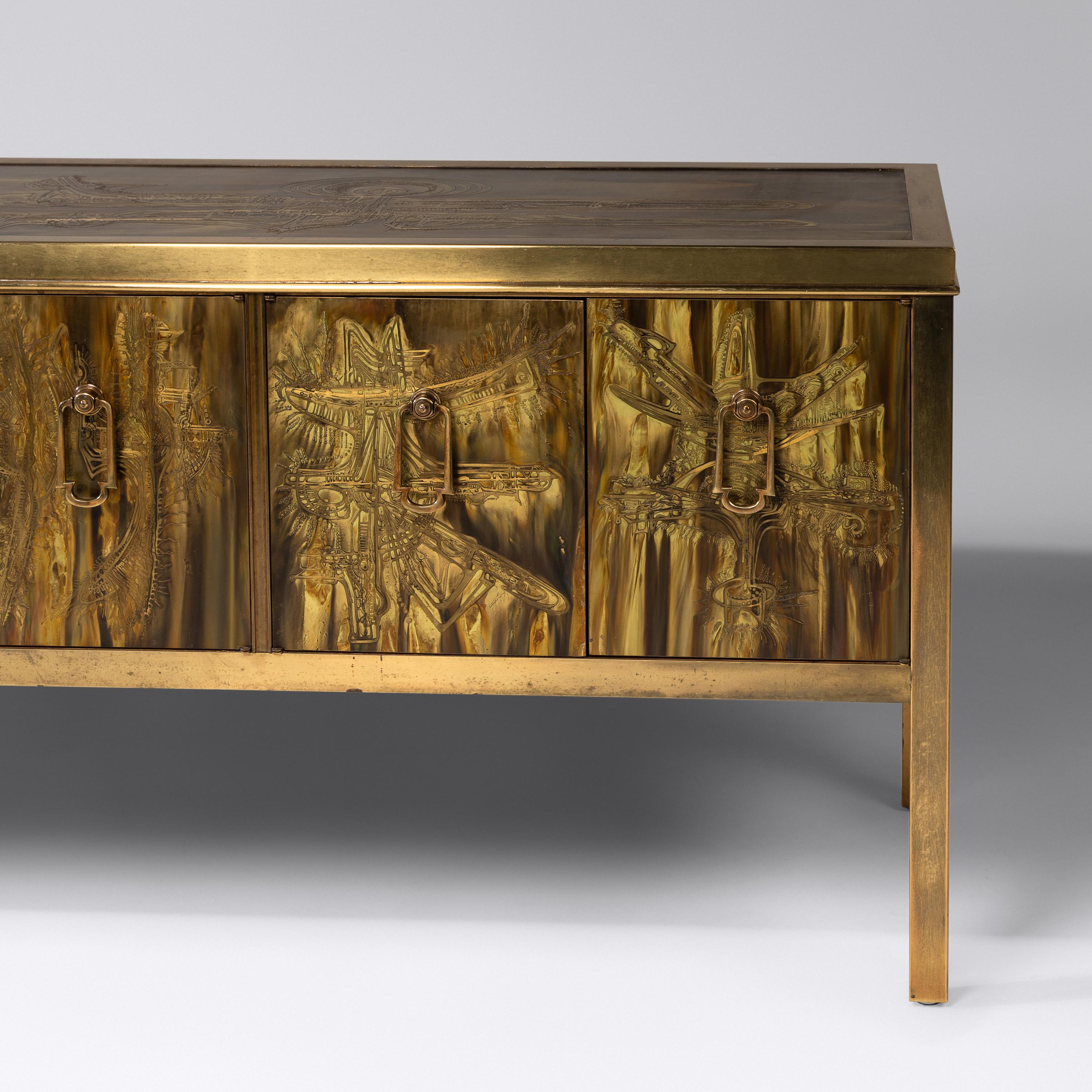 Acid-Etched Brass Sideboard, c. 1970 Mastercraft, USA
