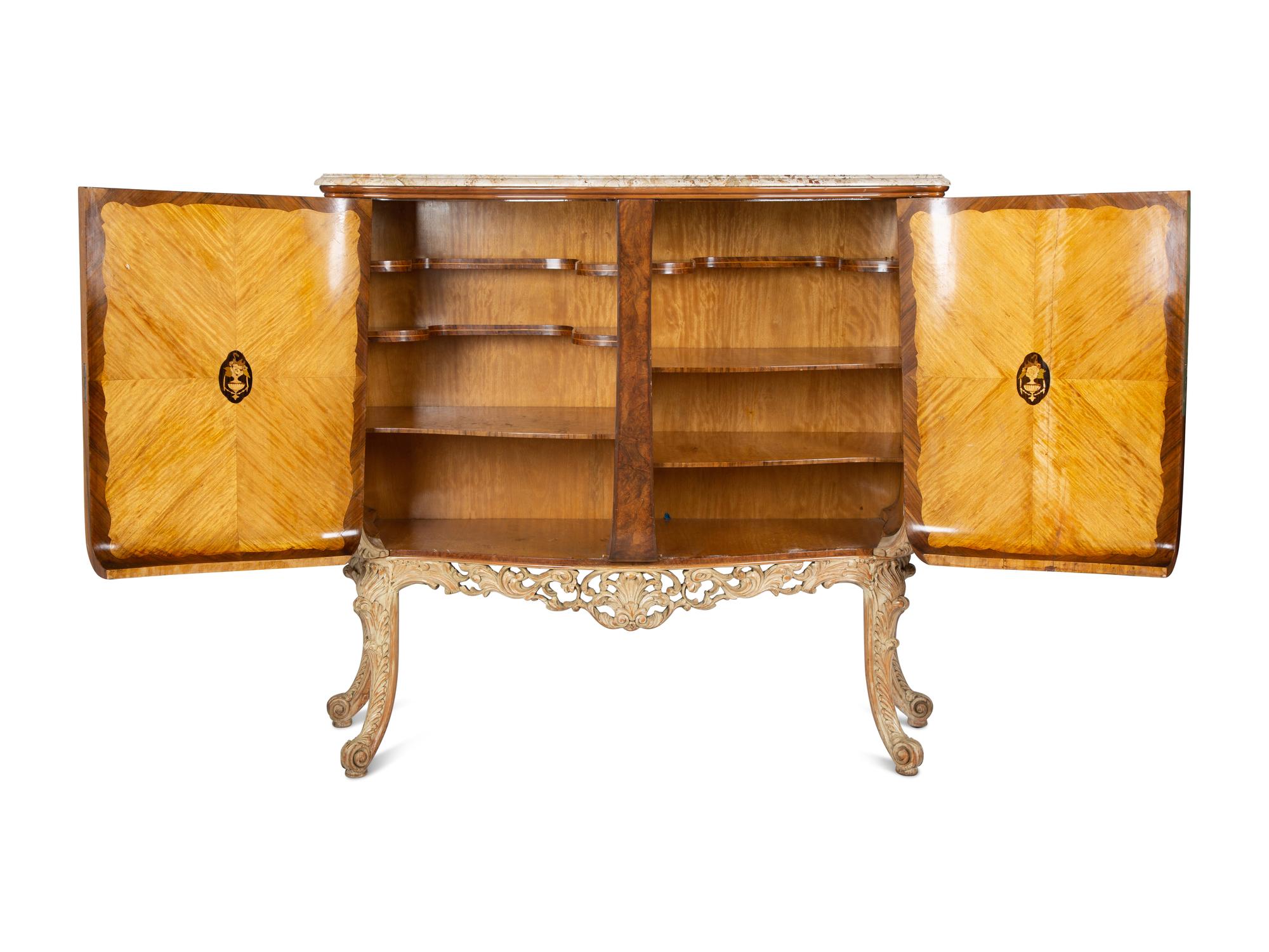 An Italian Burl Walnut and Marquetry Marble-Top Cabinet — CIRCA 1920