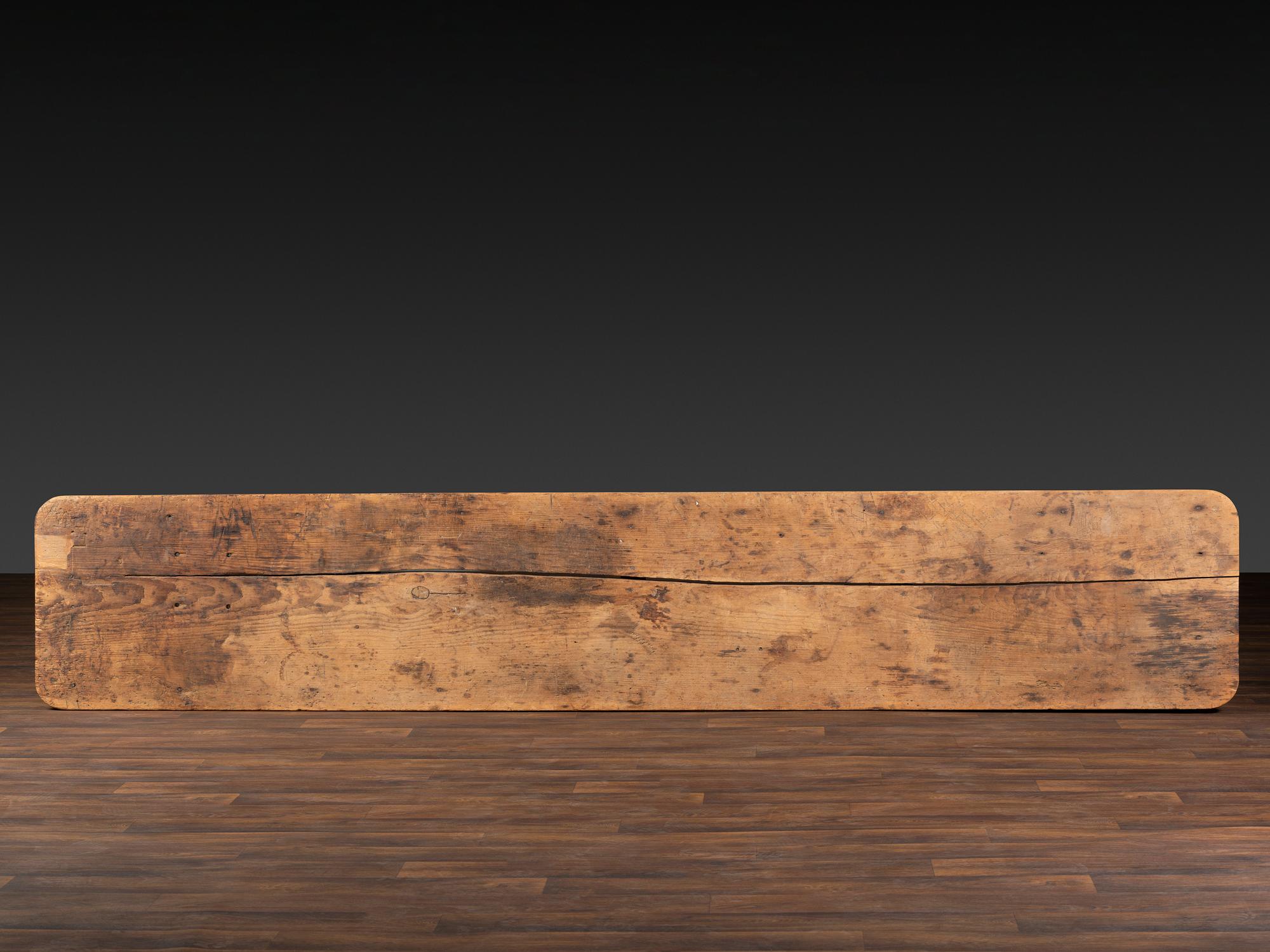 A Country Red Painted Scrubbed Single-Plank Top Pine Harvest Table