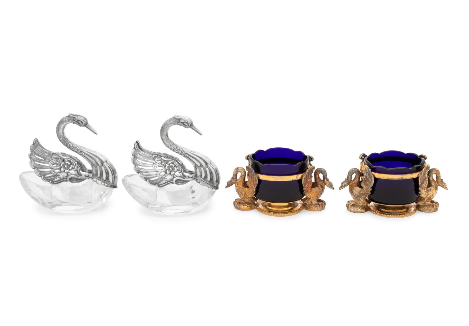 Two Pairs of Continental Swan-Form Salt Cellars