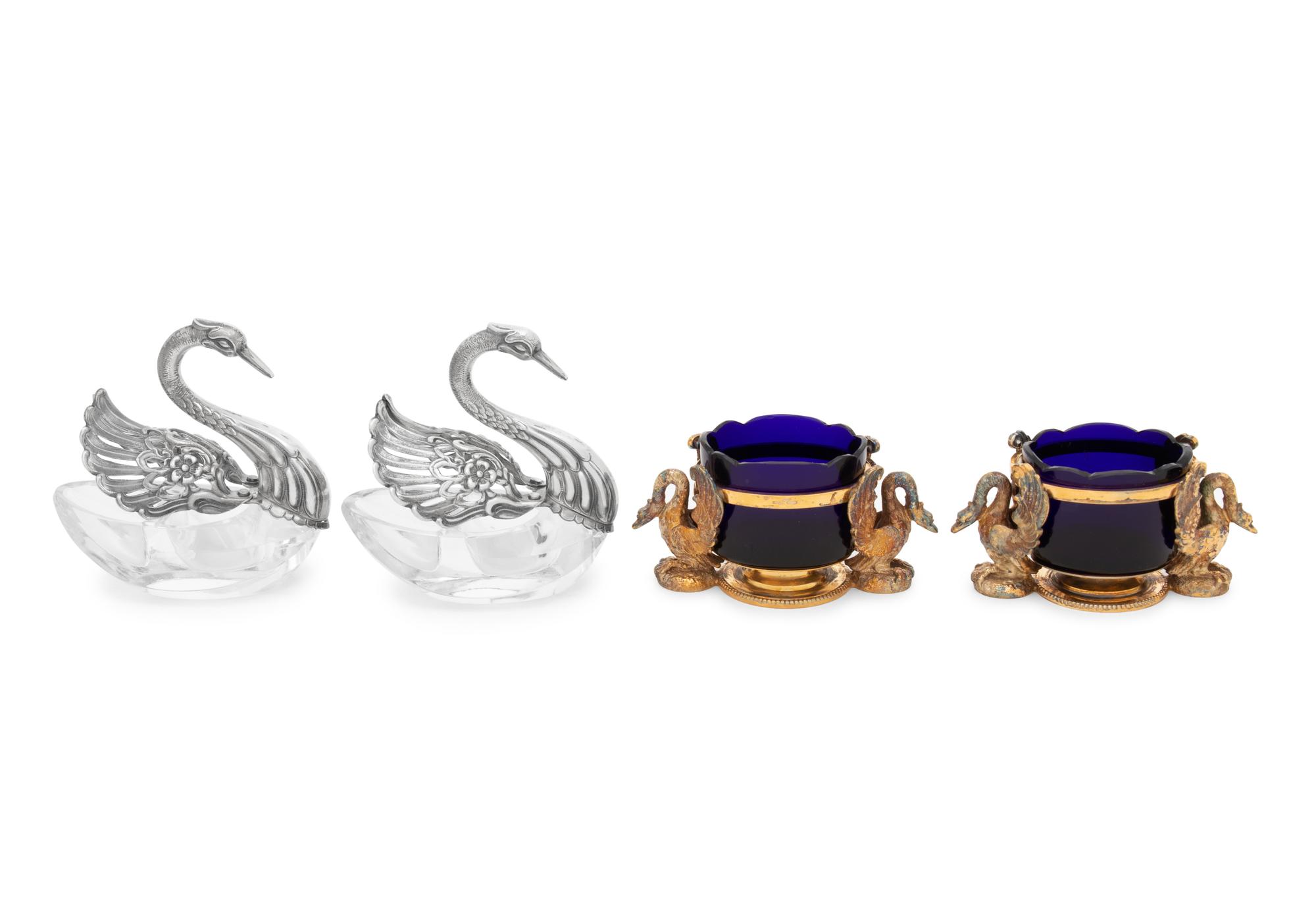 Two Pairs of Continental Swan-Form Salt Cellars