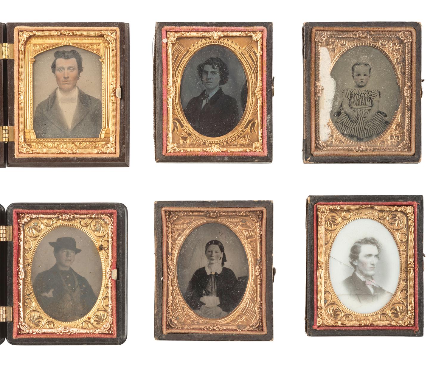 [EARLY PHOTOGRAPHY]. 45 daguerreotypes, ambrotypes, and tintypes of men, women, and children, some in Union cases.