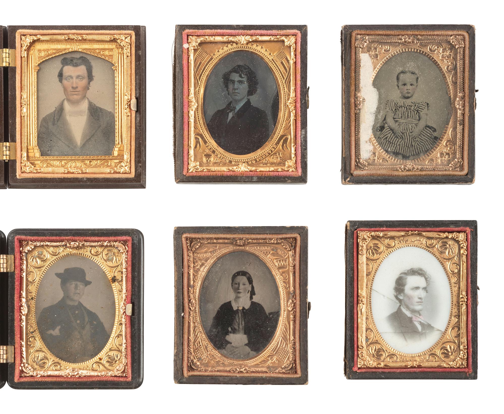 [EARLY PHOTOGRAPHY]. 45 daguerreotypes, ambrotypes, and tintypes of men, women, and children, some in Union cases.