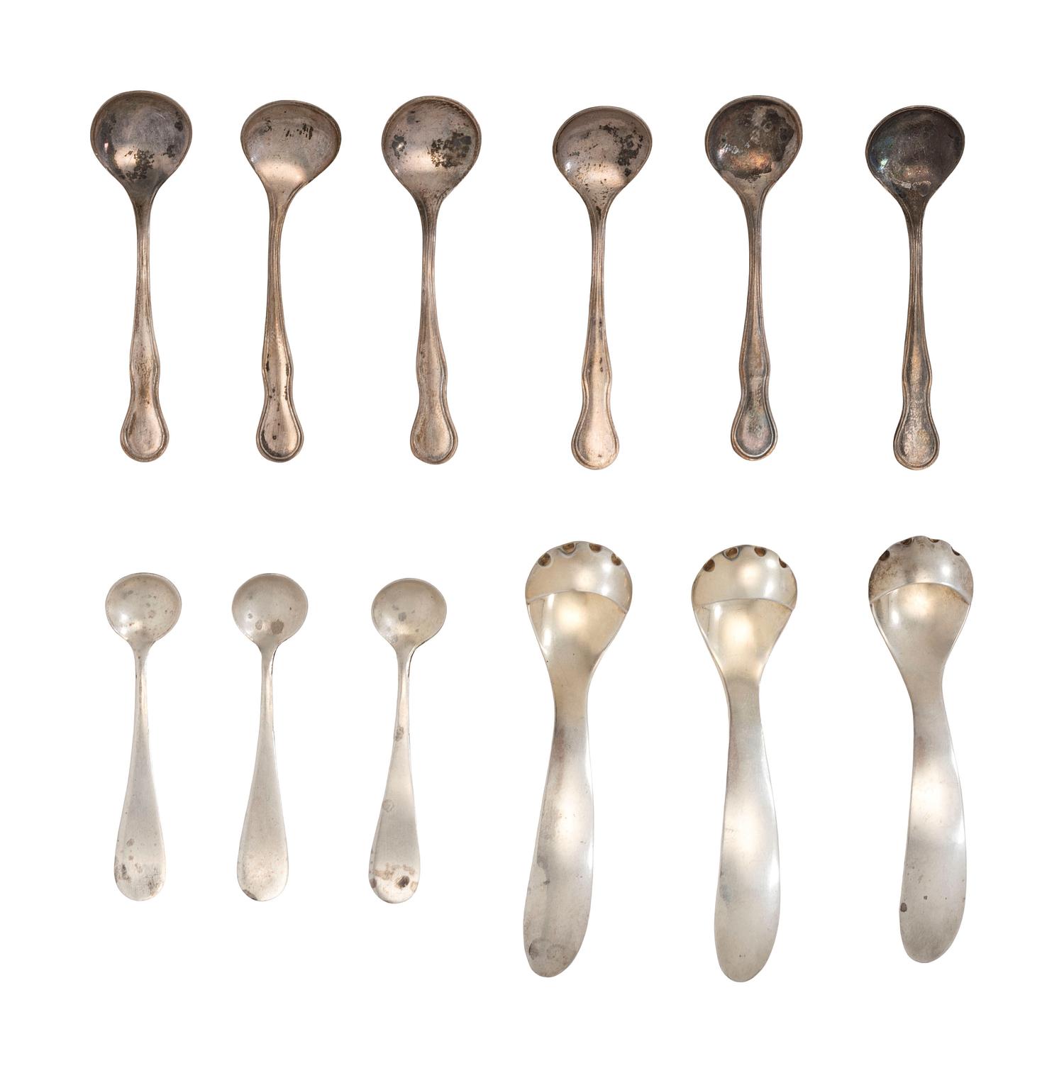 Eighteen American Silver Salt Cellars and Twelve Associated Silver Salt Spoons