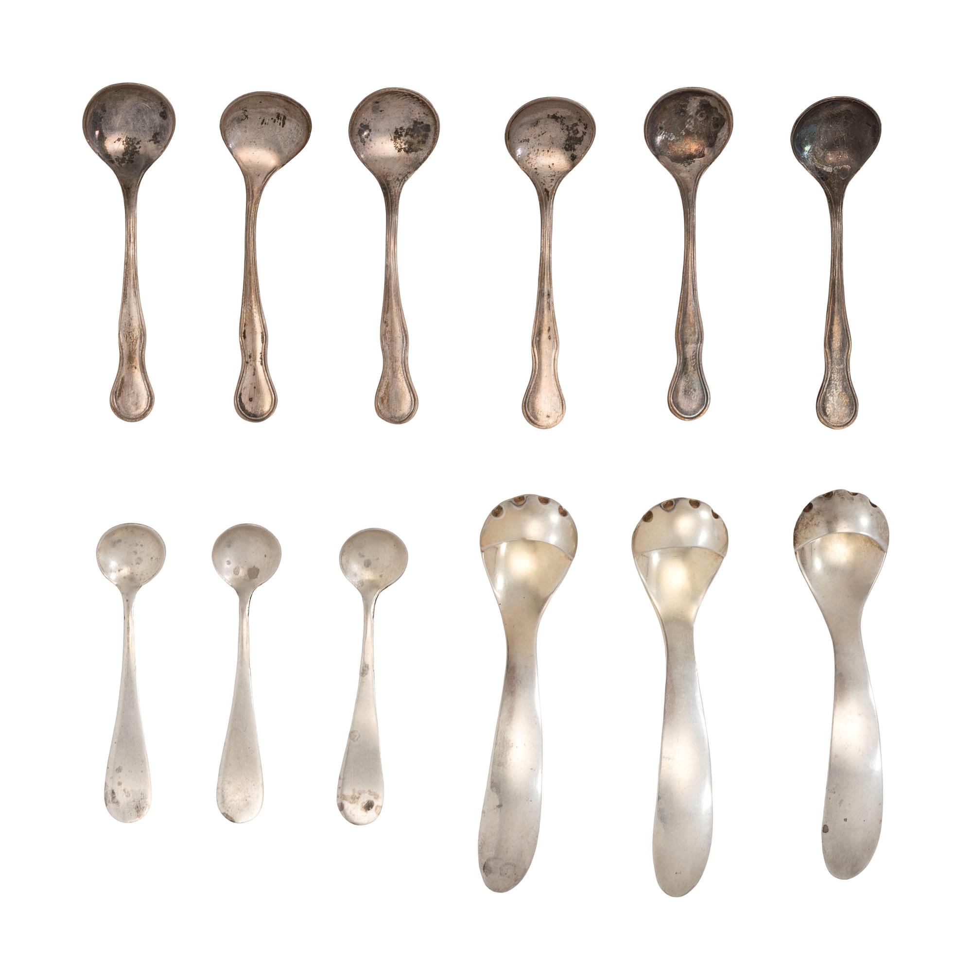 Eighteen American Silver Salt Cellars and Twelve Associated Silver Salt Spoons