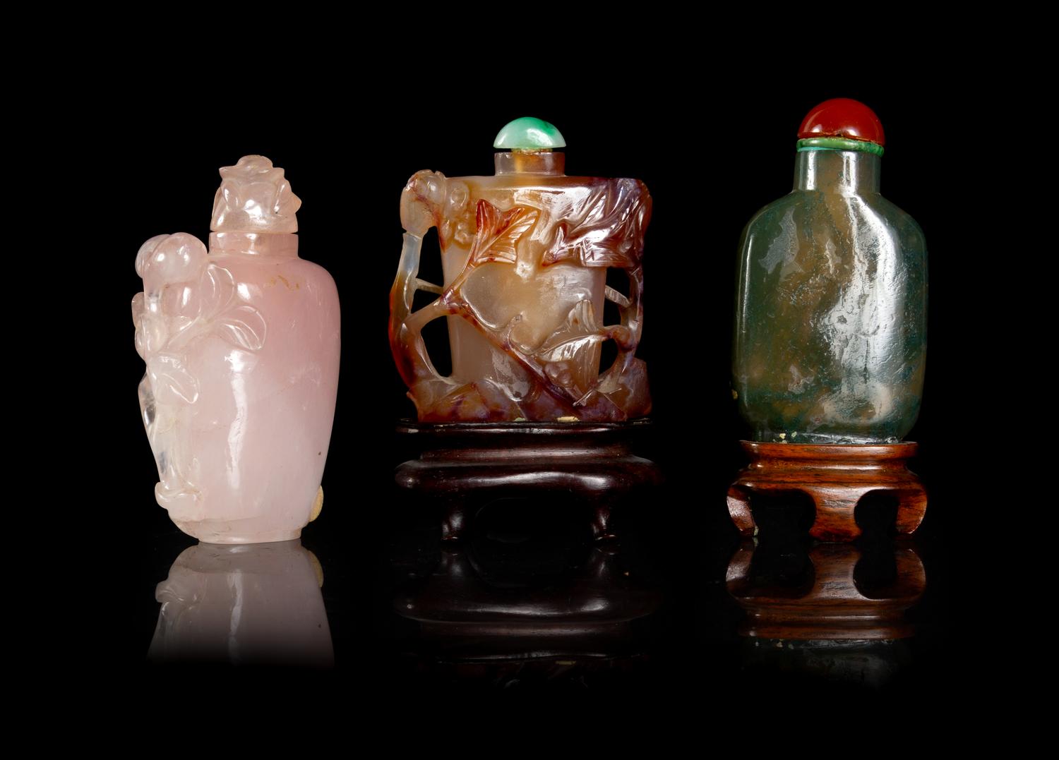 Three Chinese Hardstone Snuff Bottles