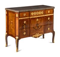 A Baltic Gilt Bronze Mounted Marquetry Marble-Top Commode