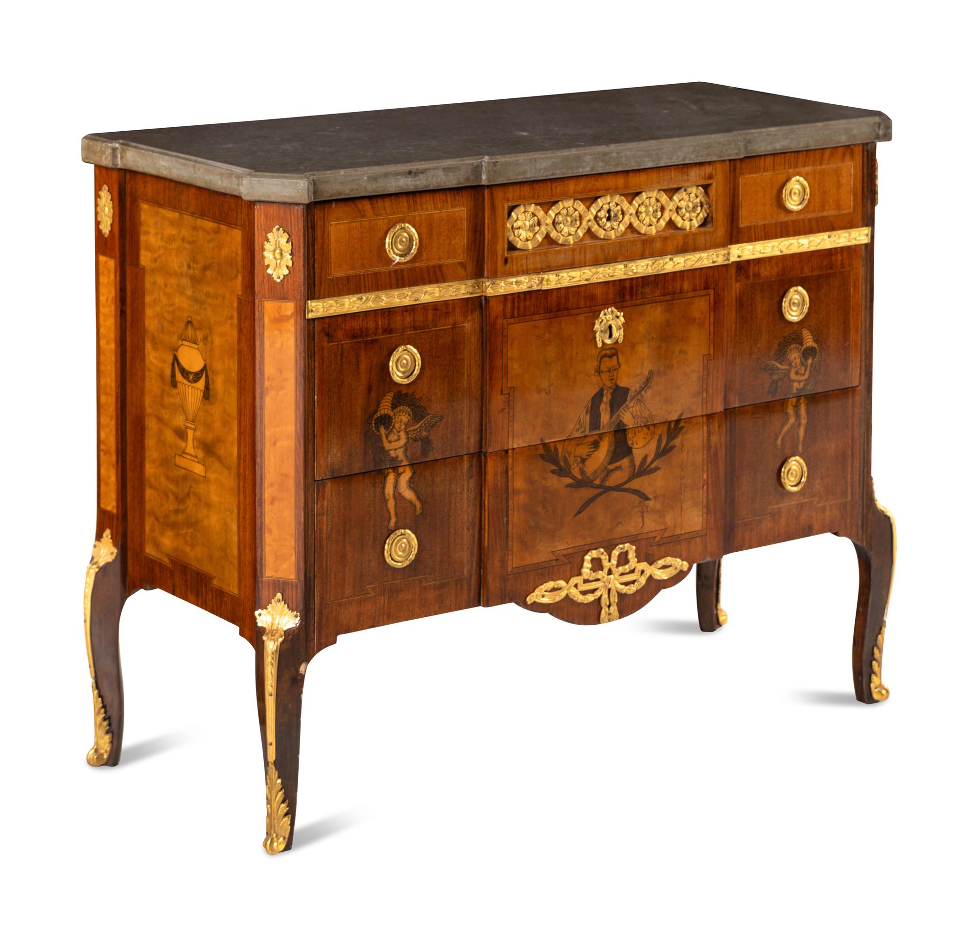 A Baltic Gilt Bronze Mounted Marquetry Marble-Top Commode