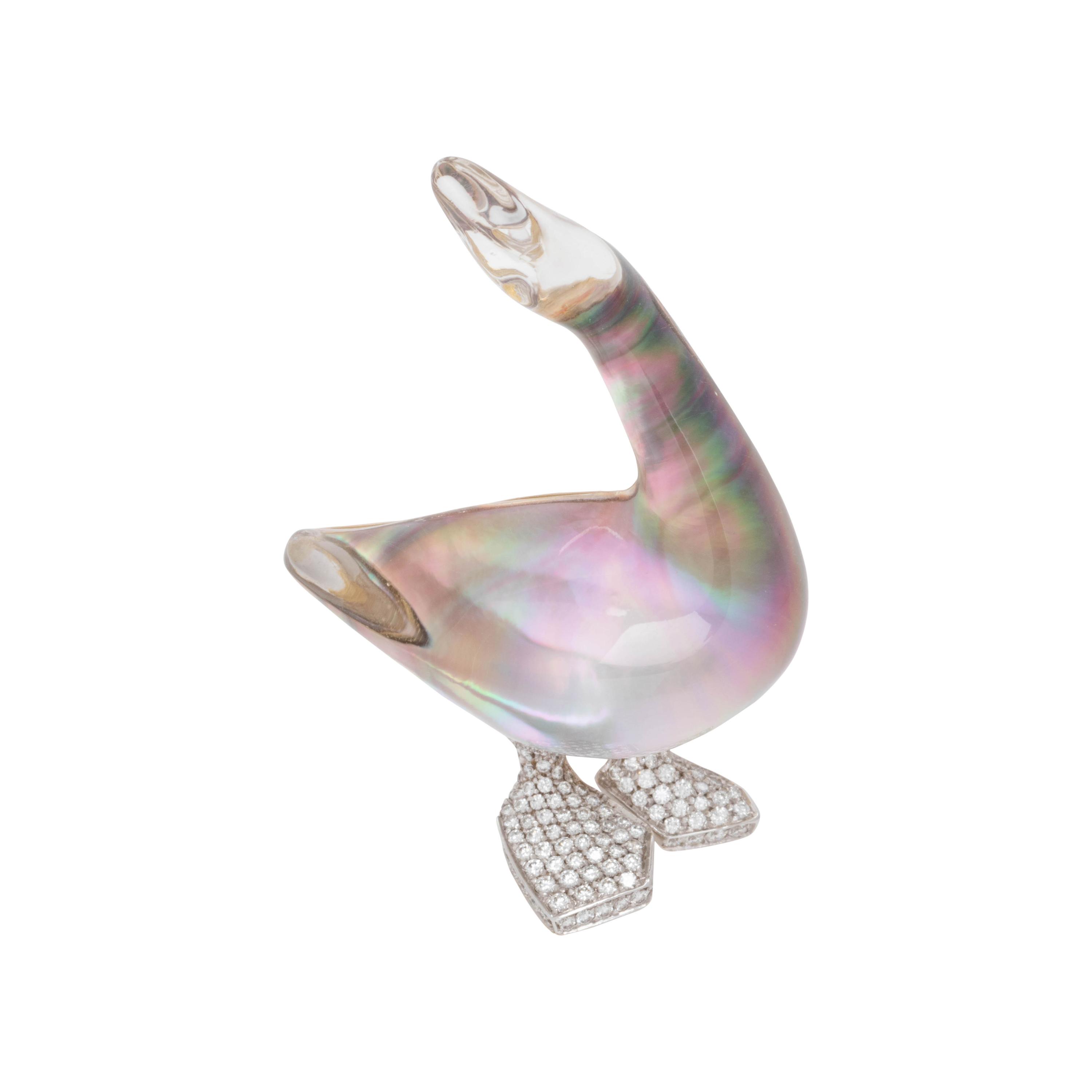 VHERNIER, ROCK CRYSTAL, MOTHER-OF-PEARL AND DIAMOND GOOSE BROOCH