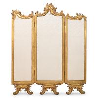 A Louis XV Style Giltwood and Painted Canvas Three-Panel Floor Screen