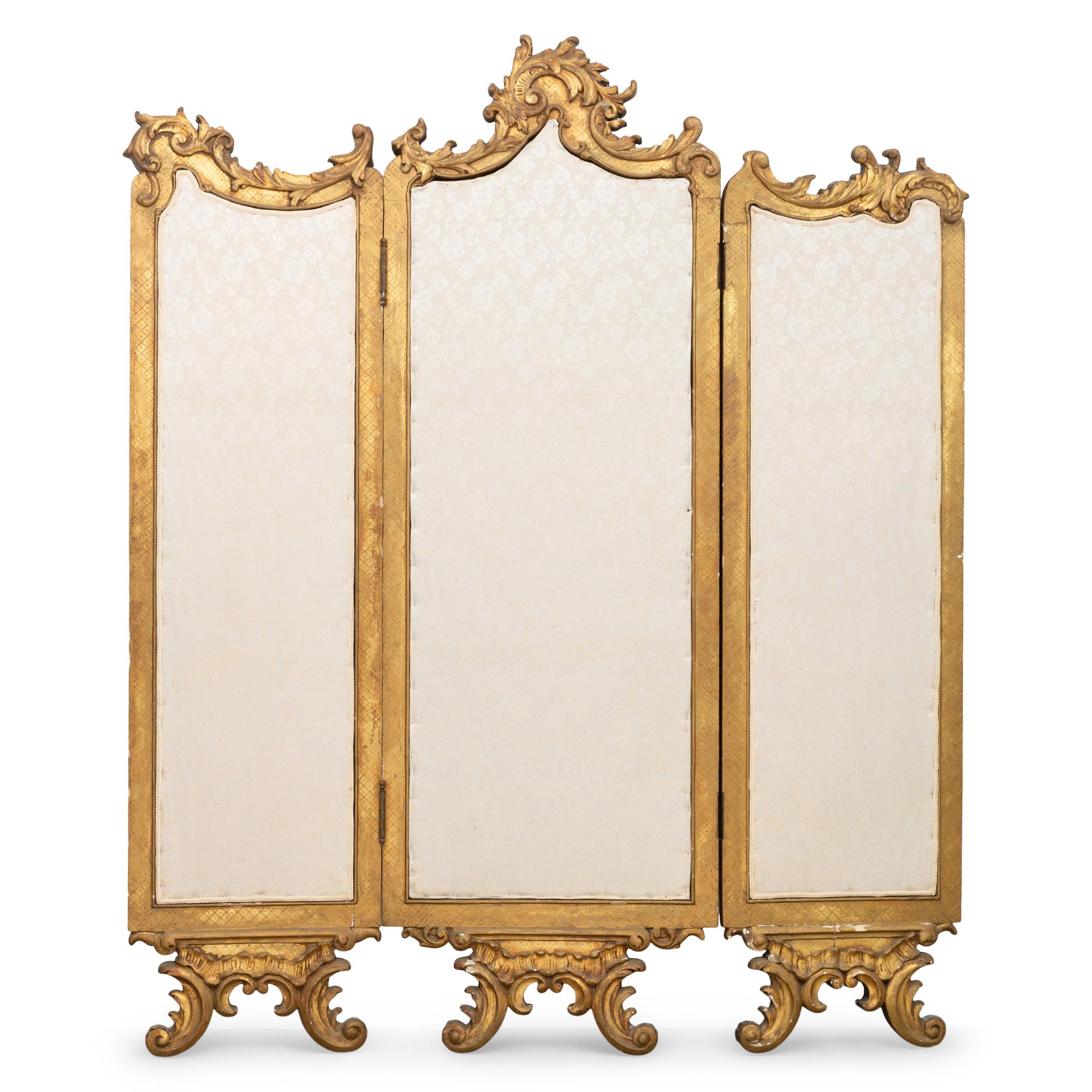 A Louis XV Style Giltwood and Painted Canvas Three-Panel Floor Screen