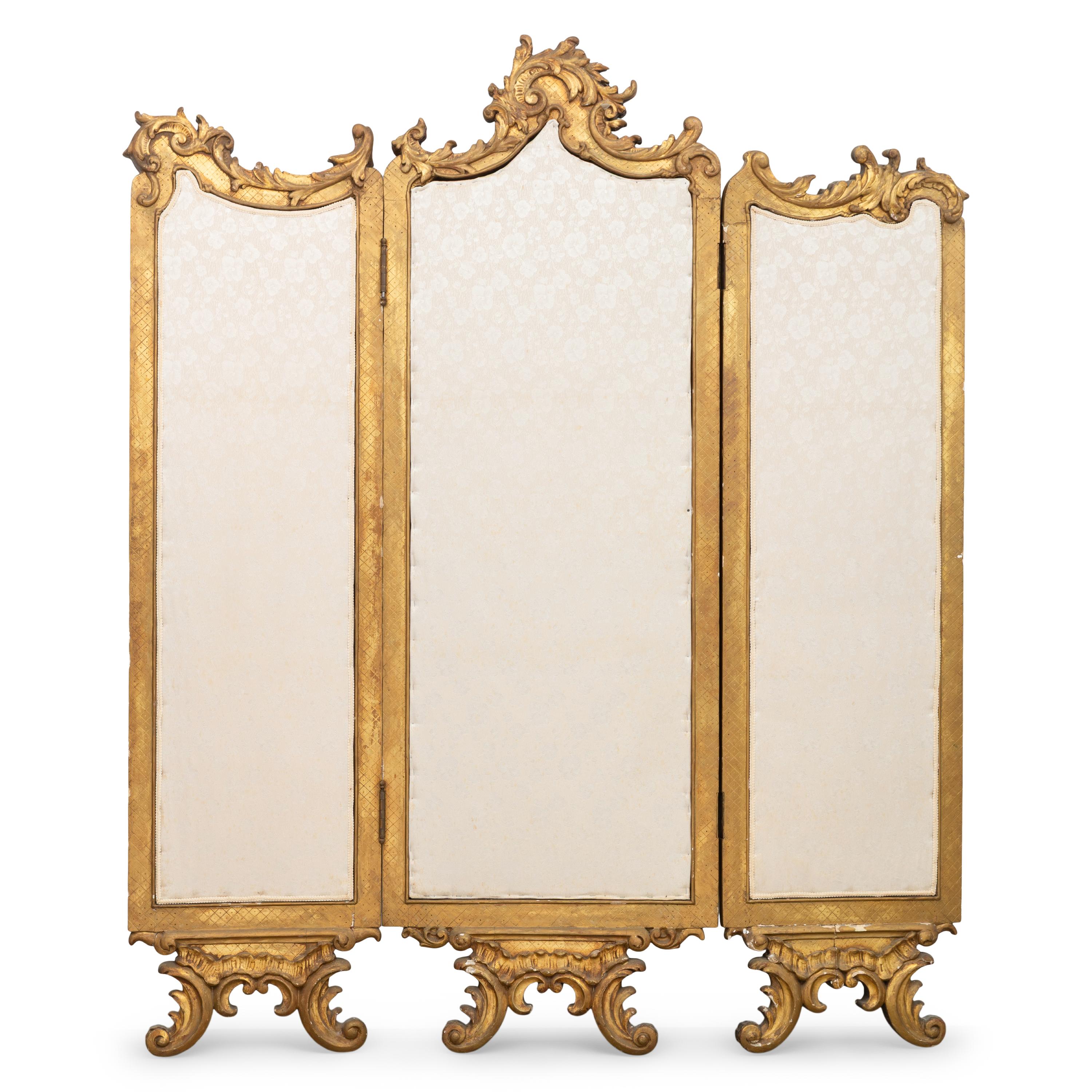 A Louis XV Style Giltwood and Painted Canvas Three-Panel Floor Screen
