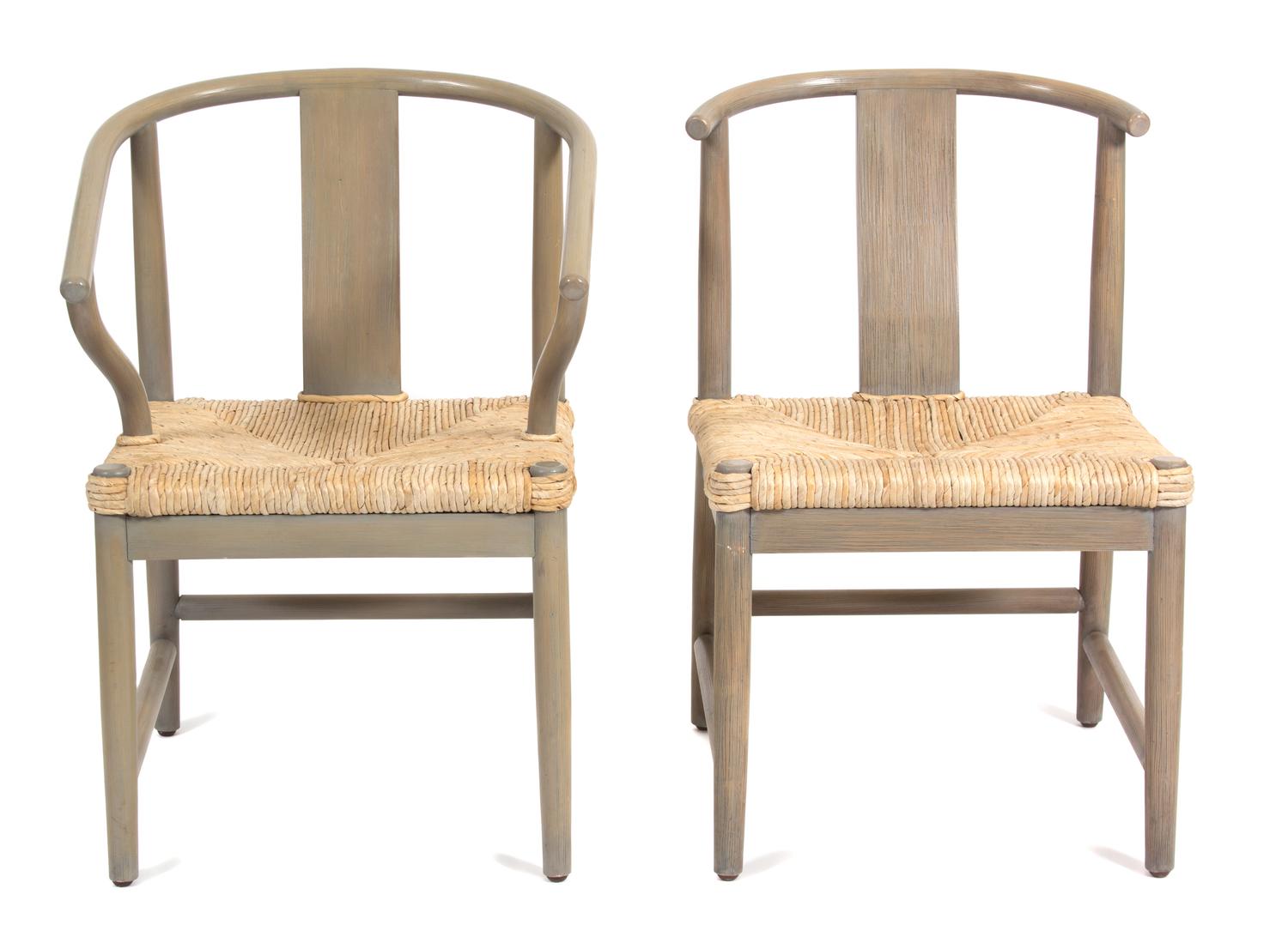 A Set of Sixteen Painted Wood and Rush Seat Horseshoe Back Chairs Height 30 inches. — 20TH CENTURY