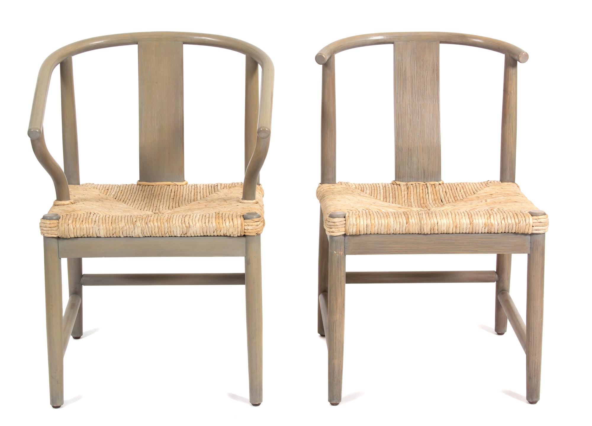 A Set of Sixteen Painted Wood and Rush Seat Horseshoe Back Chairs Height 30 inches. — 20TH CENTURY
