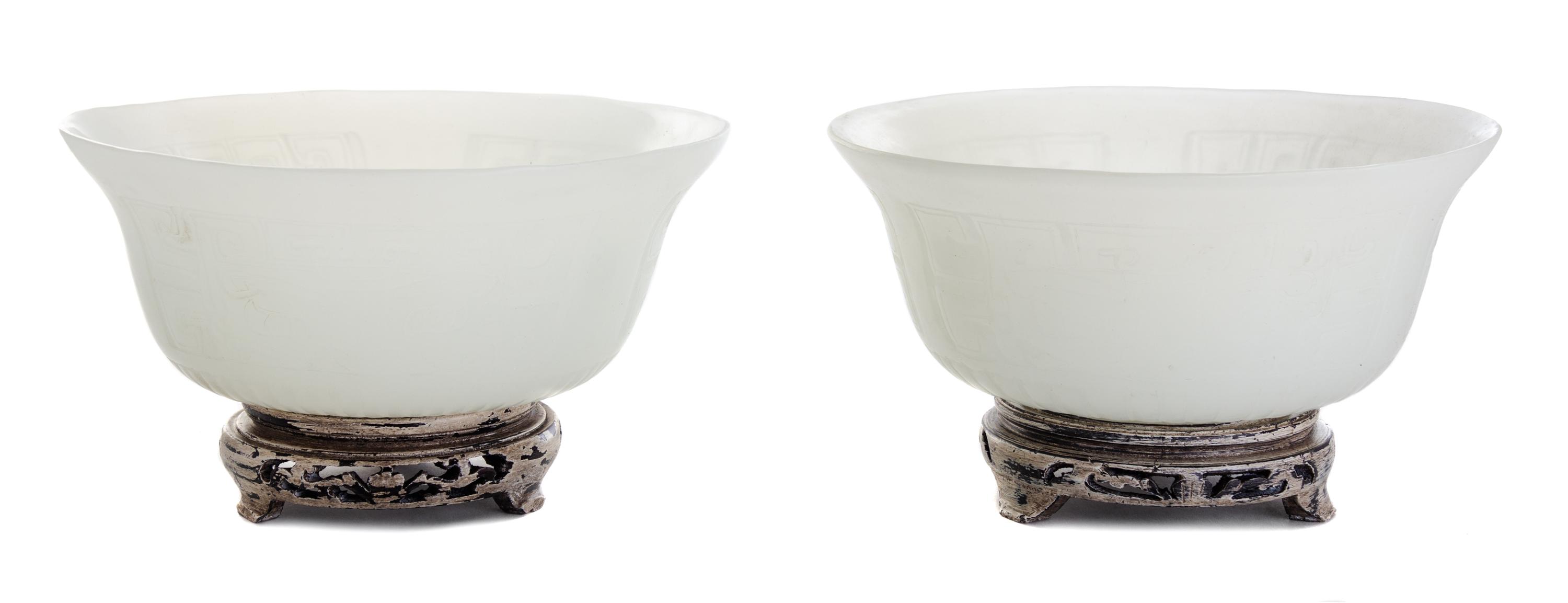 A Pair of Carved White Peking Glass Bowls Diameter 9 inches. — 20TH CENTURY