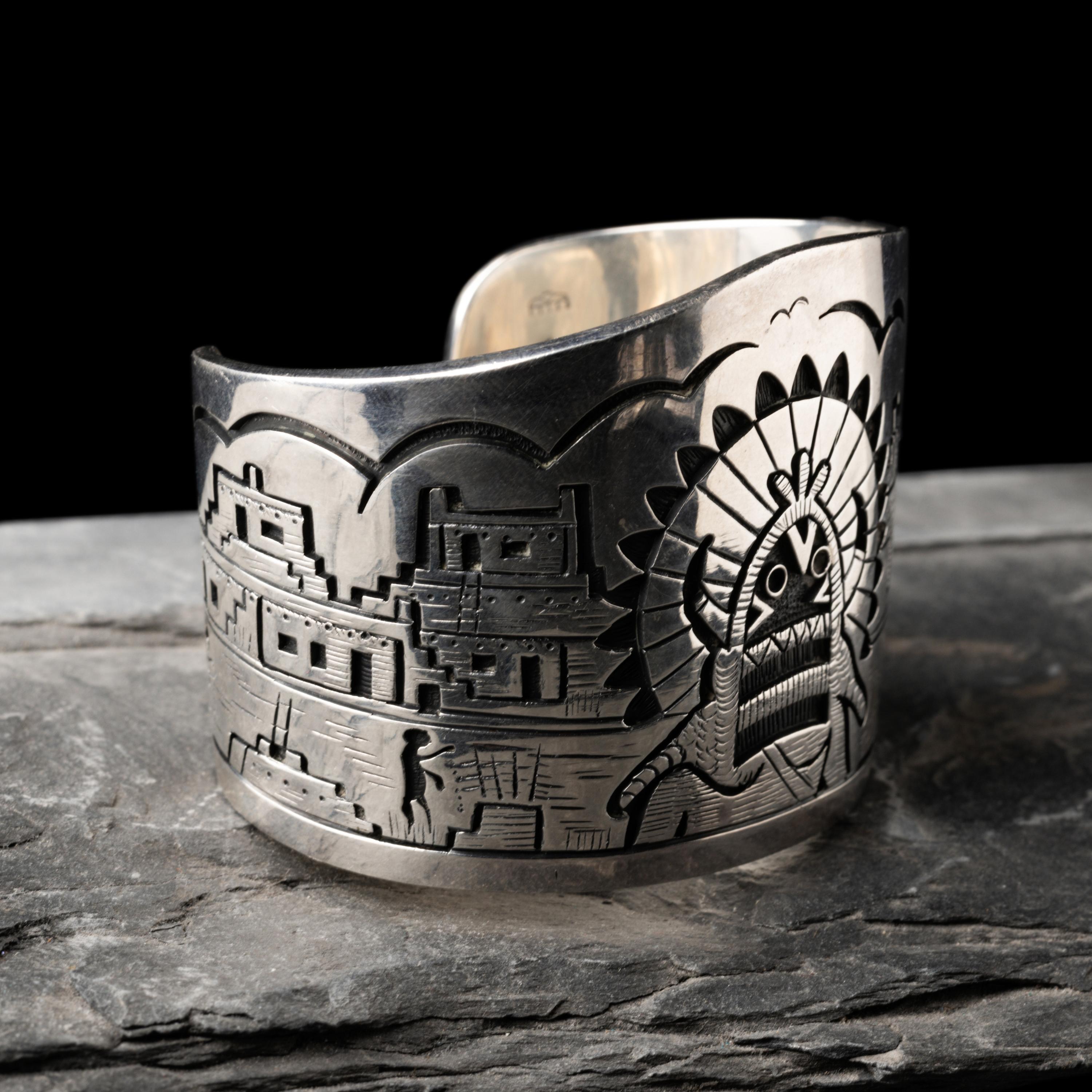 Victor Coochwytewa (Hopi, 1922-2011) — Silver Overlay Katsina and Pueblo Cuff Bracelet