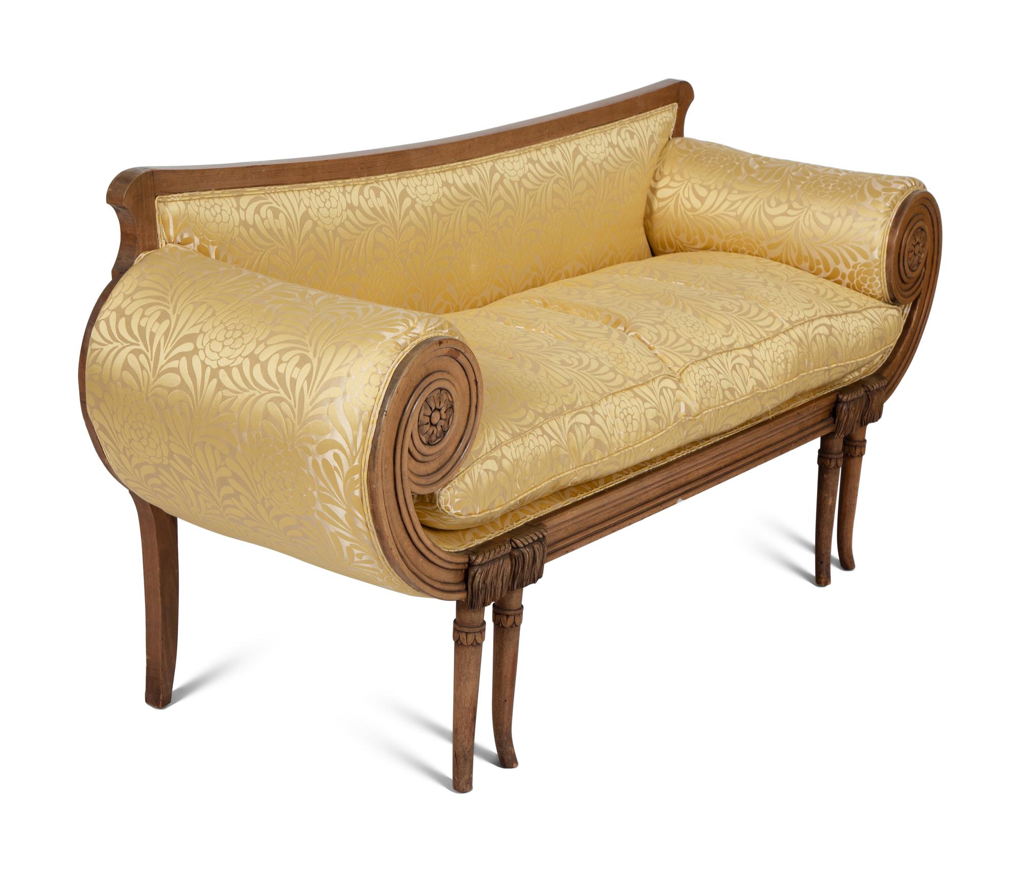A Continental Carved Walnut Scroll-Arm Canape