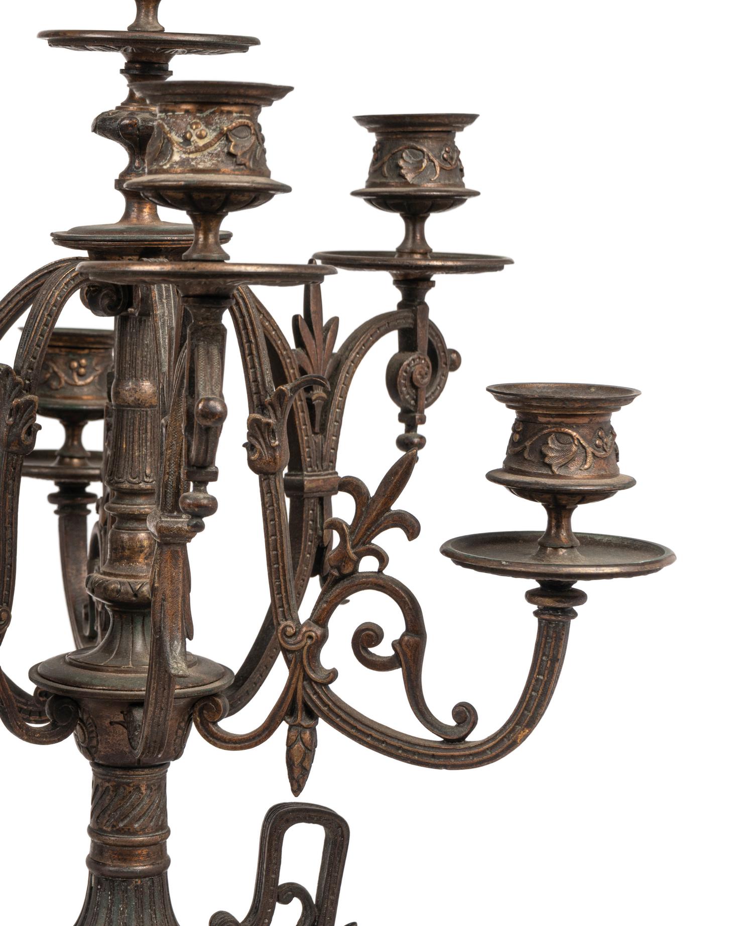 A Pair of French Bronze and Slate Six-Light Candelabra
