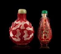 Two Chinese Red Overlay Peking Glass Snuff Bottles