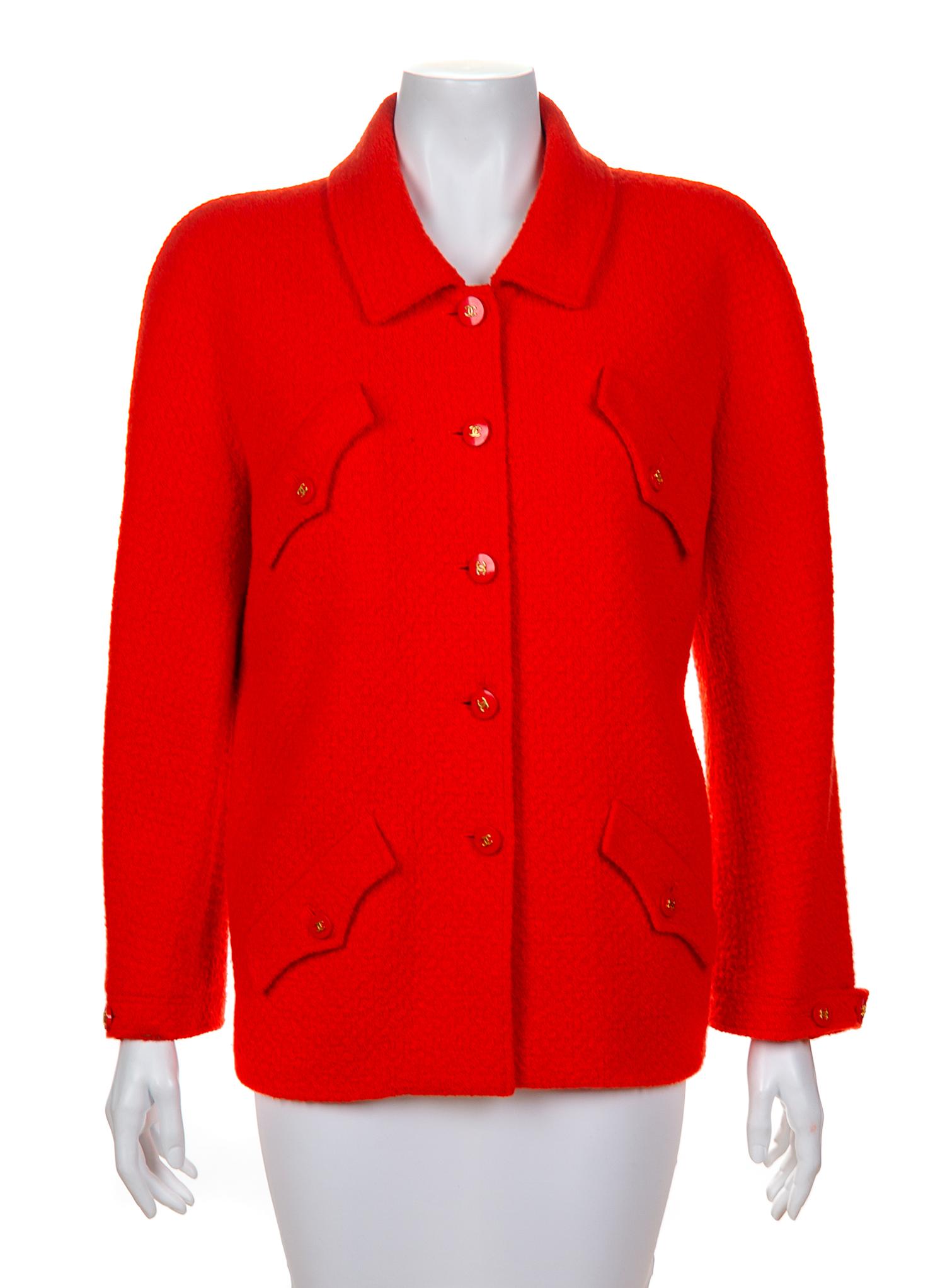 A Chanel Red Wool Jacket, No size.
