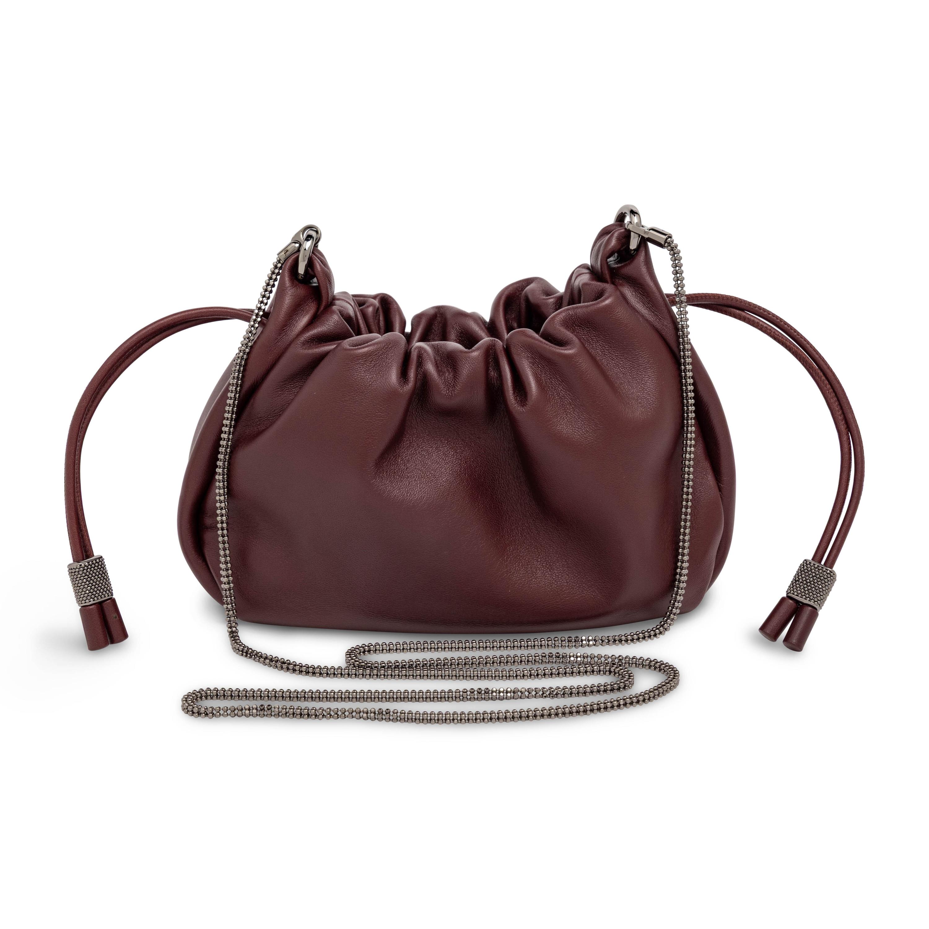 Brunello Cucinelli, Mellow Mini Drawstring Bag in Burgundy Leather