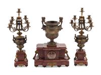 A Monumental French Neoclassical Gilt Bronze and Rouge Marble Clock Garniture