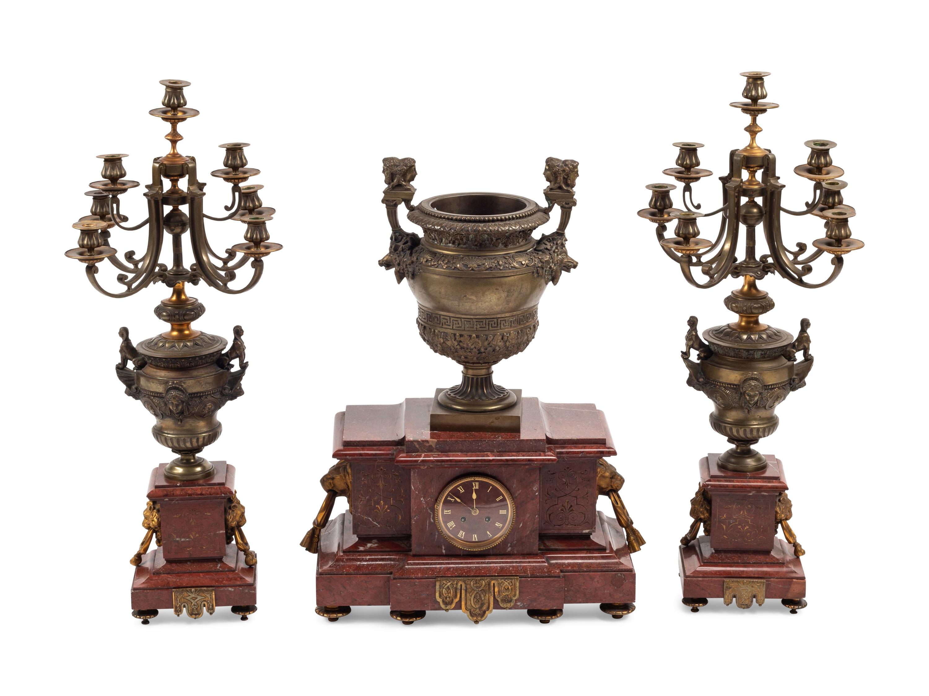 A Monumental French Neoclassical Gilt Bronze and Rouge Marble Clock Garniture
