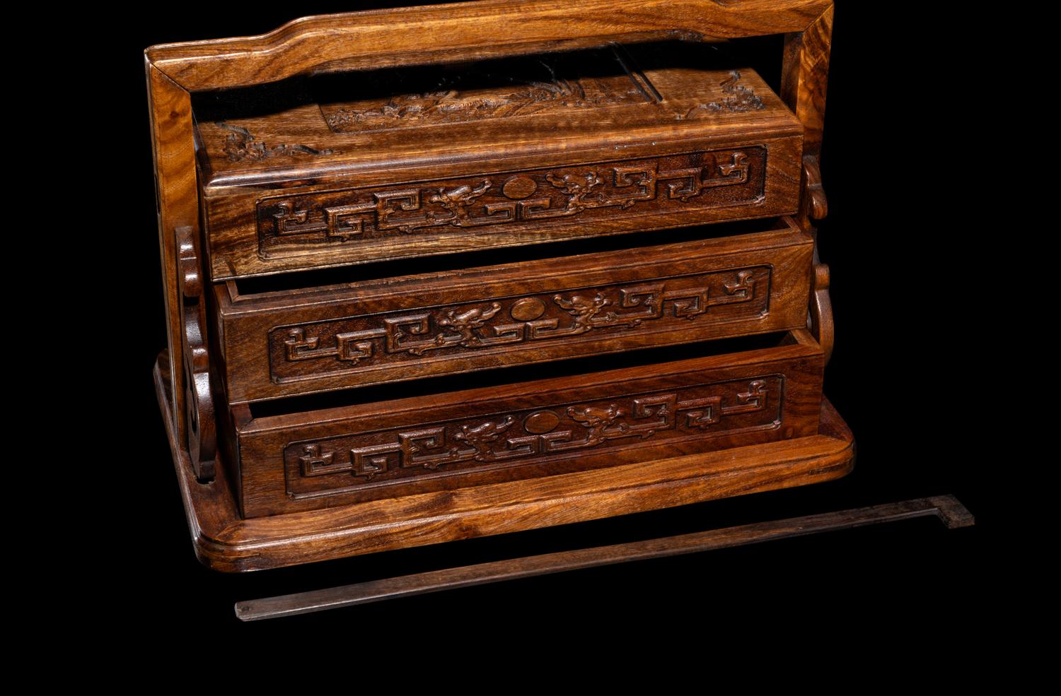 A Chinese Huanghuali Two-Tiered Picnic Box and Cover, Tihe