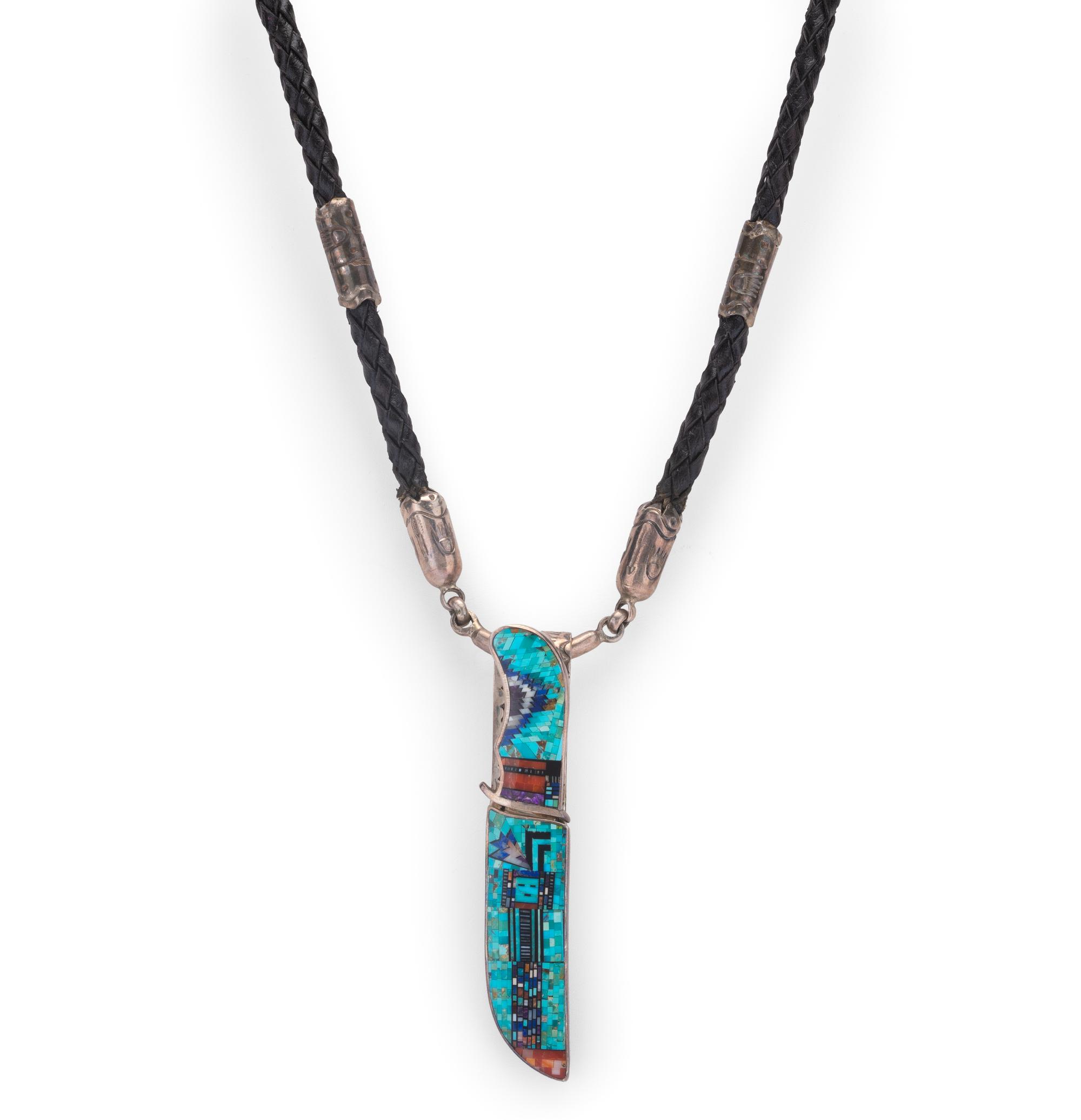 Sterling Silver Necklace, with Micro Mosaic Inlay Pocket Knife Pendant Lot is located and will ship from Denver, Colorado.