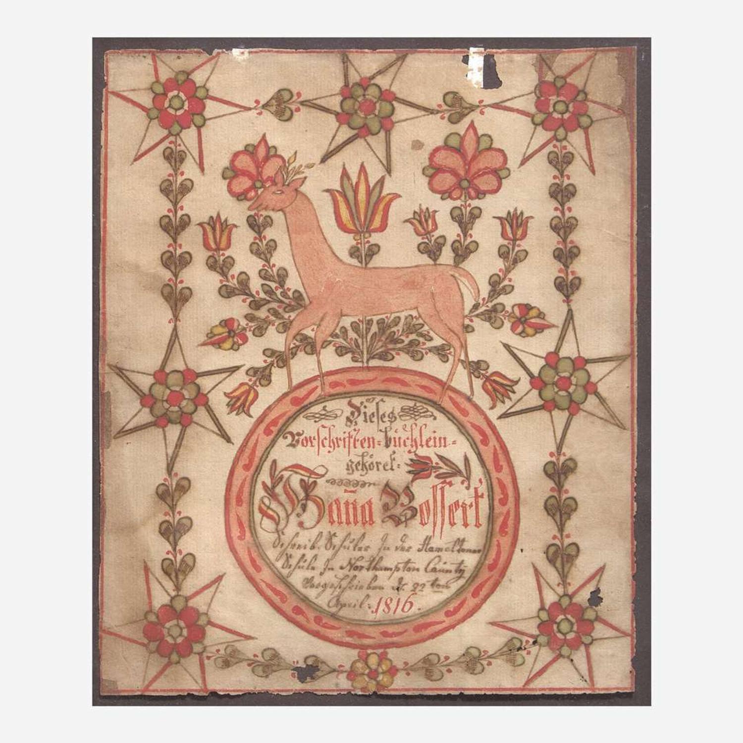 Johan Adam Eyer (1755-1837); A Fraktur bookplate for Susana Bossert of Northampton County, dated "1816"