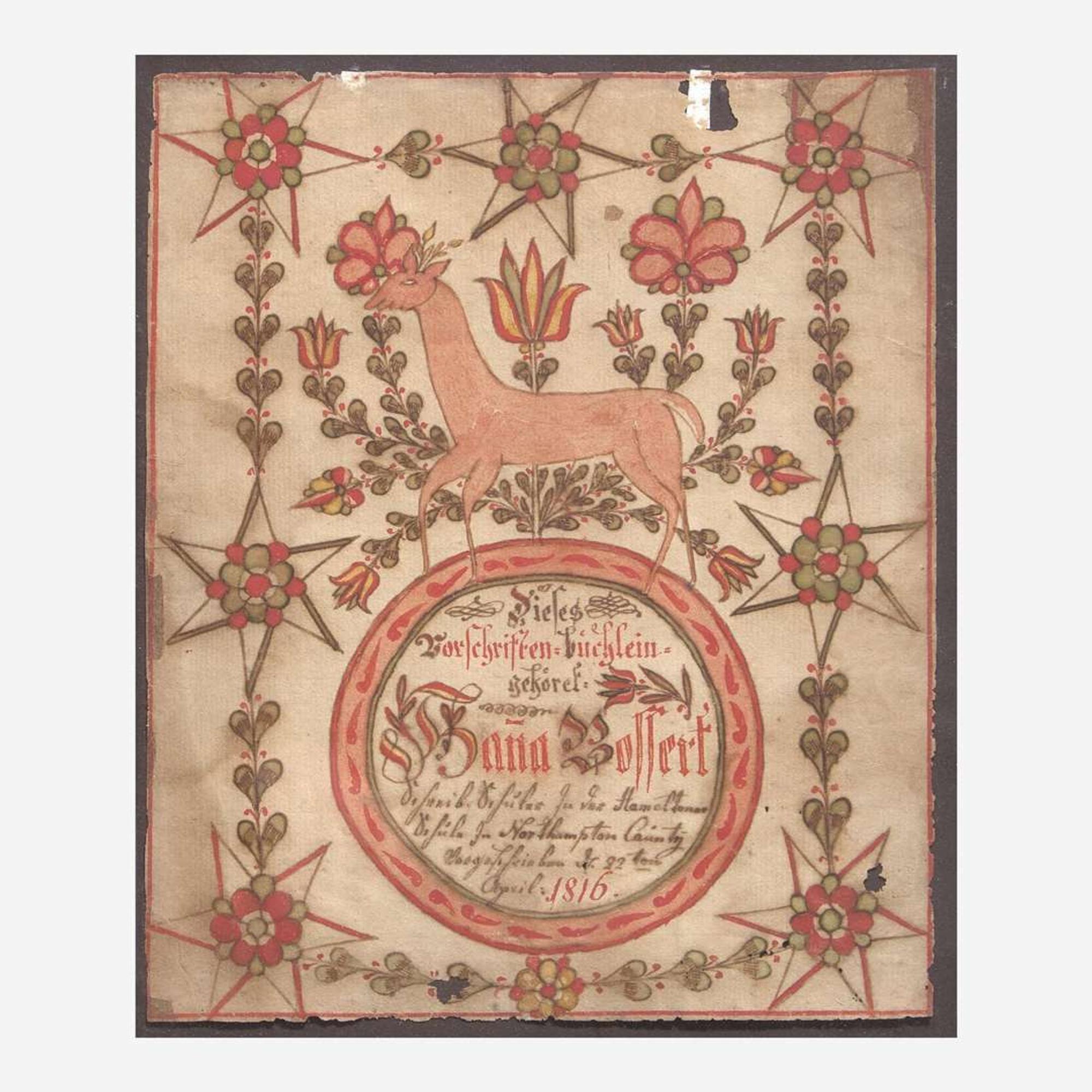 Johan Adam Eyer (1755-1837); A Fraktur bookplate for Susana Bossert of Northampton County, dated "1816"