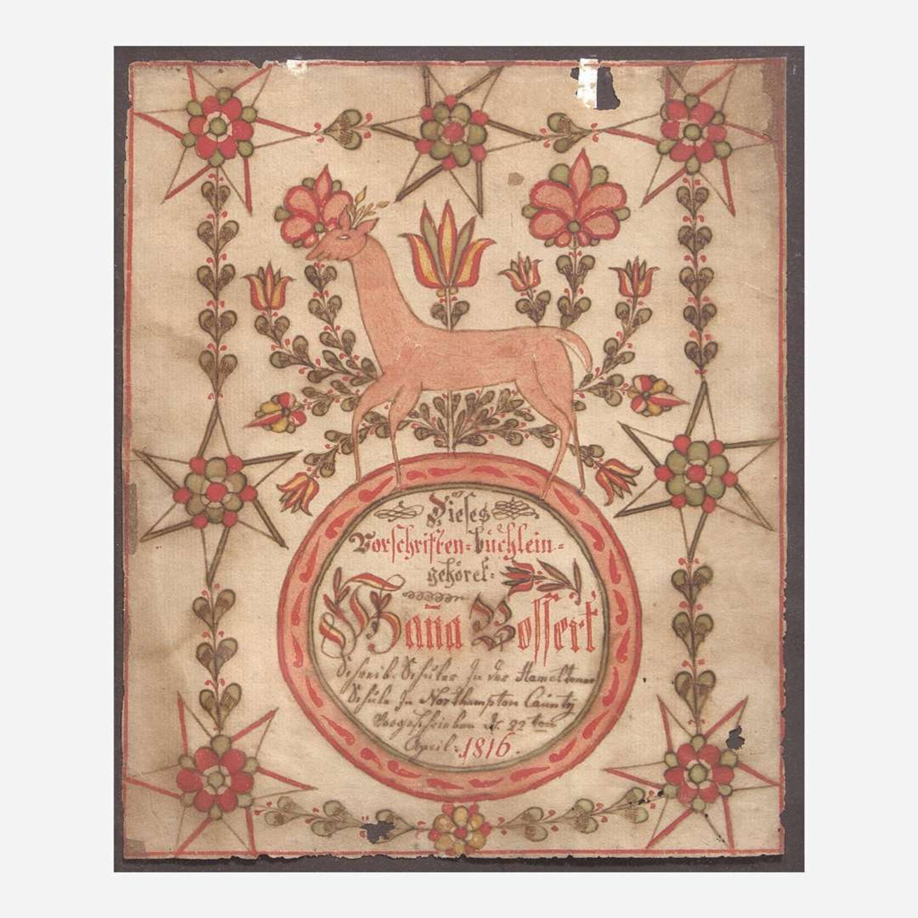 Johan Adam Eyer (1755-1837); A Fraktur bookplate for Susana Bossert of Northampton County, dated "1816"
