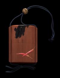 A Japanese Gold, Black and Red Lacquered Cedar Wood Three-Case Inro