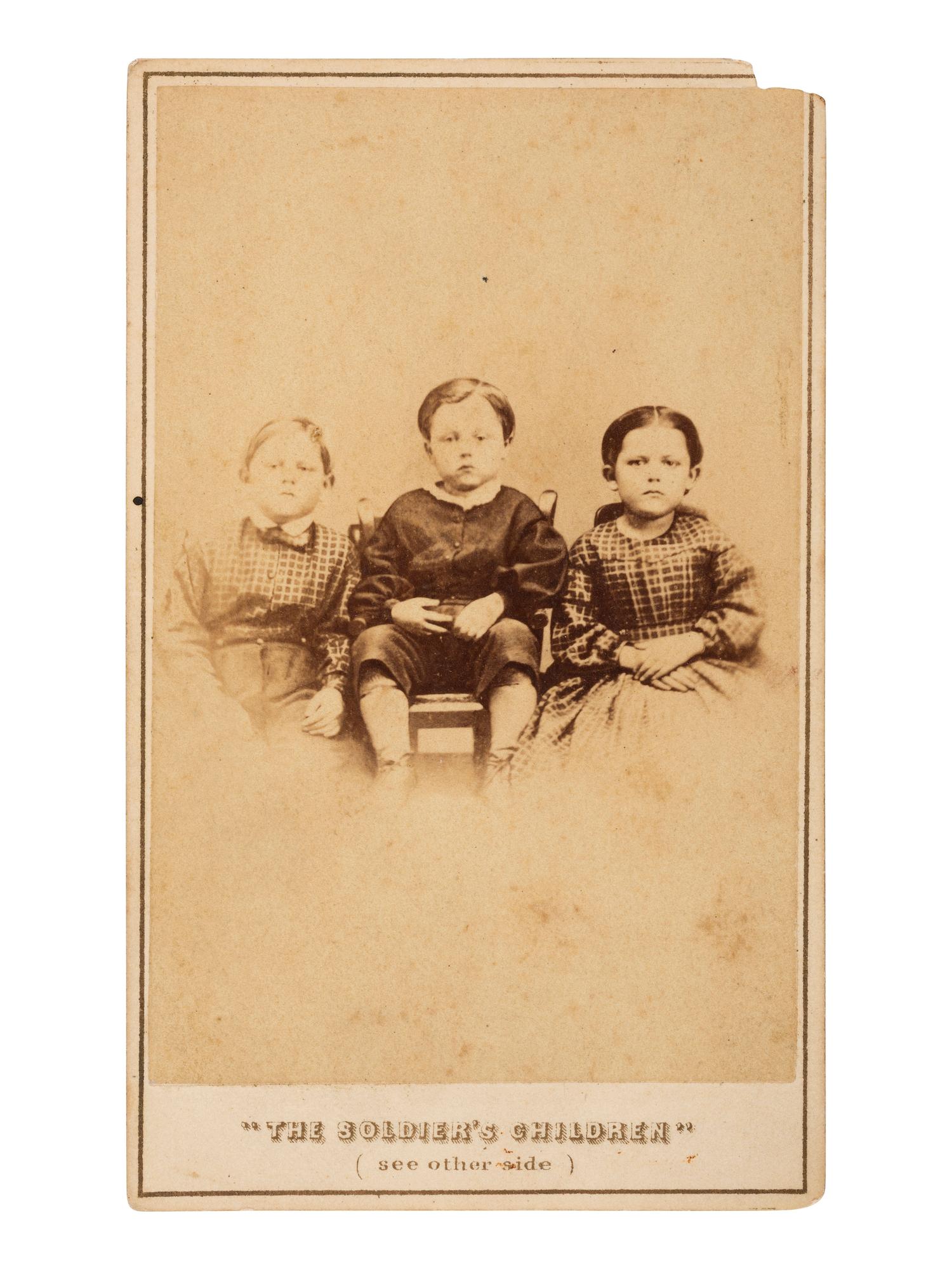 [CIVIL WAR]. Two CDVs, incl. "The Soldier's Children." Philadelphia: Wenderoth & Taylor, ca 1863, sold to benefit the fatherless children of the Civil War.