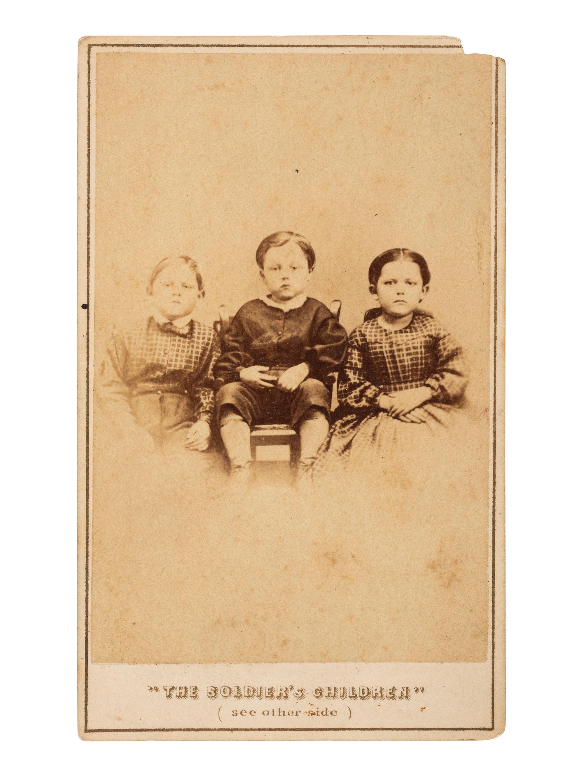 [CIVIL WAR]. Two CDVs, incl. "The Soldier's Children." Philadelphia: Wenderoth & Taylor, ca 1863, sold to benefit the fatherless children of the Civil War.