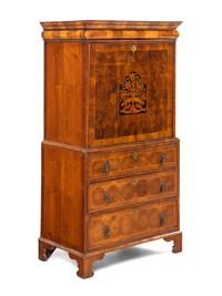 A William and Mary Style Oyster Walnut and Floral Marquetry Fall-Front Bureau