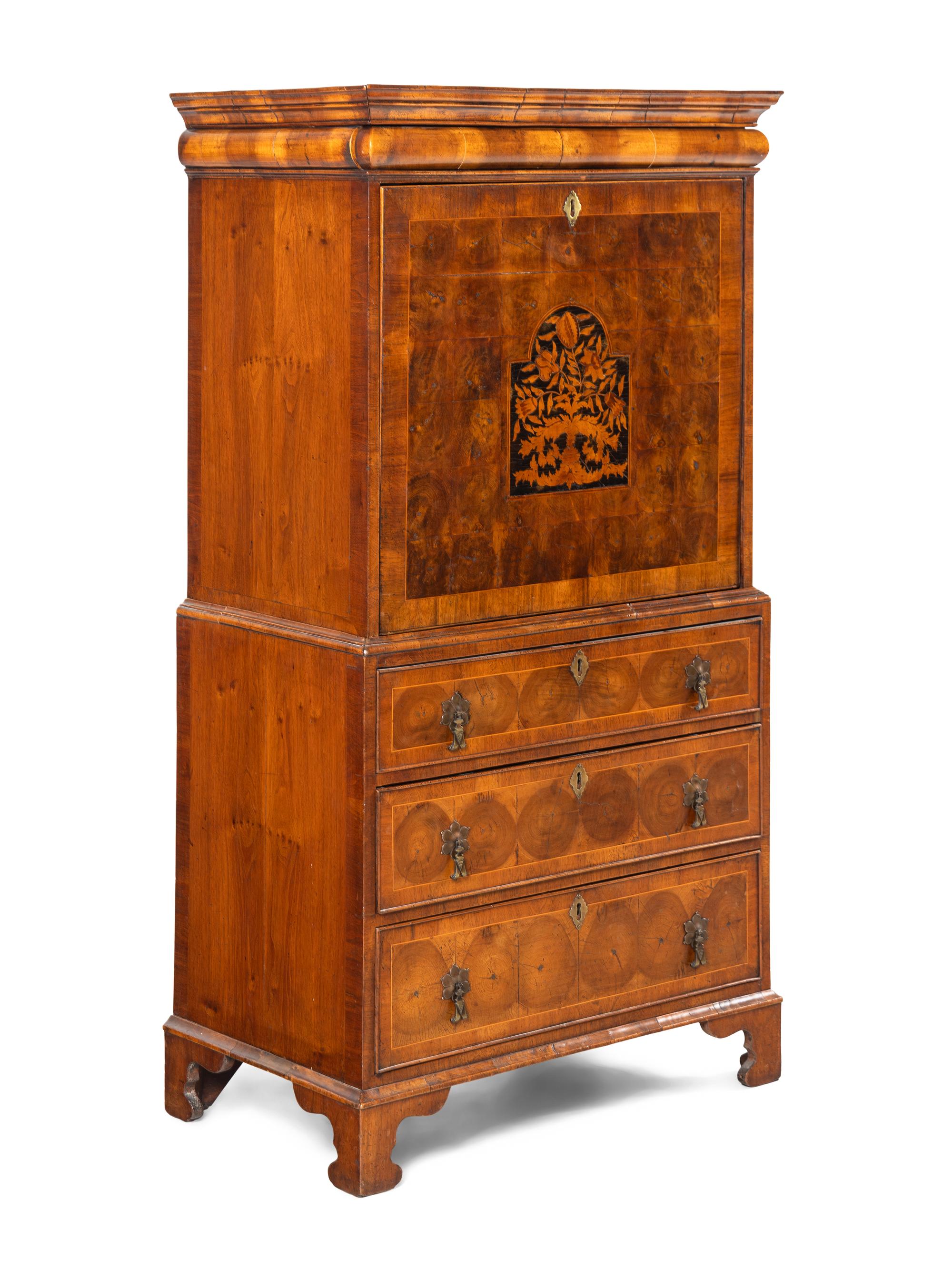 A William and Mary Style Oyster Walnut and Floral Marquetry Fall-Front Bureau