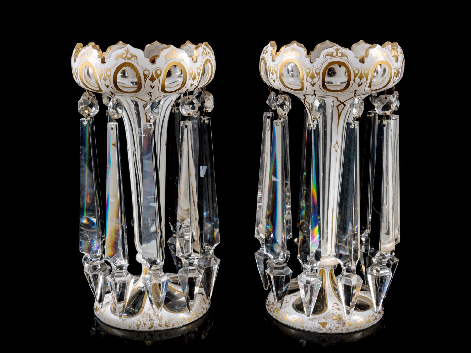 A Pair of White Overlay Cut Glass Girandoles