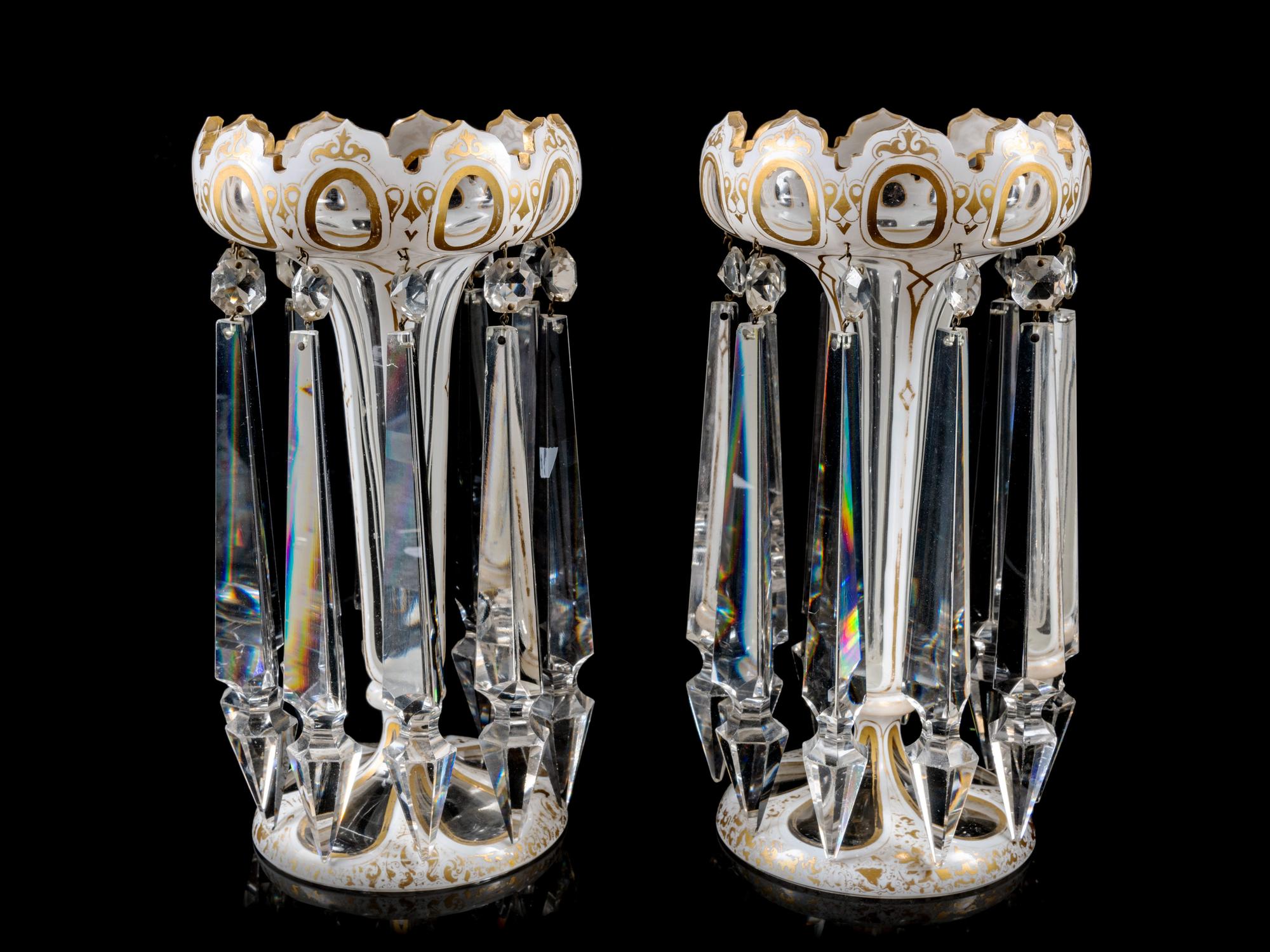 A Pair of White Overlay Cut Glass Girandoles