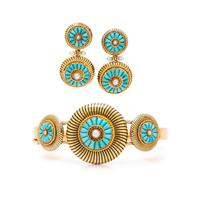 YELLOW GOLD, TURQUOISE, AND SEED PEARL BRACELET AND EARRINGS