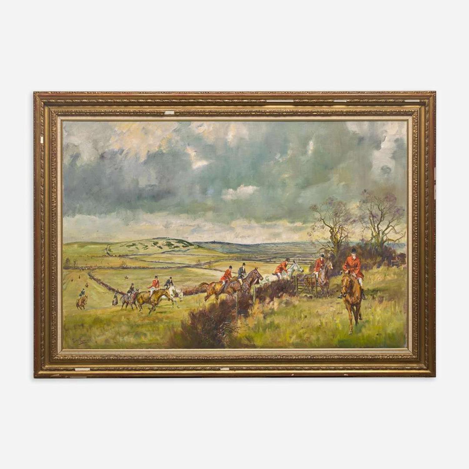 Michael Lyne (British, 1912–1989) The Fernie Near Cranoe - A Hunt from Caudle Church, Langton Tower on the Skyline.