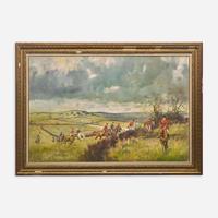 Michael Lyne (British, 1912–1989) The Fernie Near Cranoe - A Hunt from Caudle Church, Langton Tower on the Skyline.